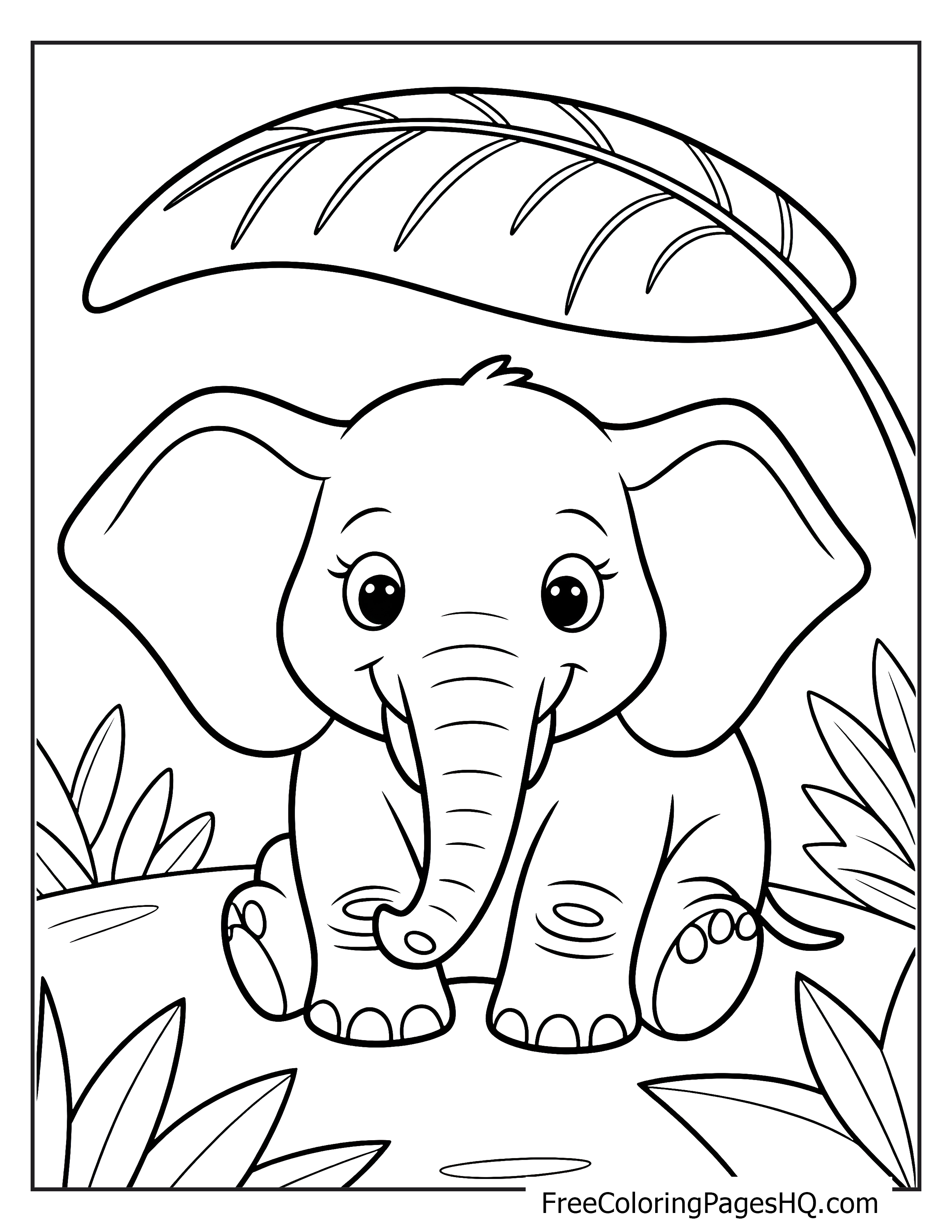 Smiling baby elephant in a jungle setting.