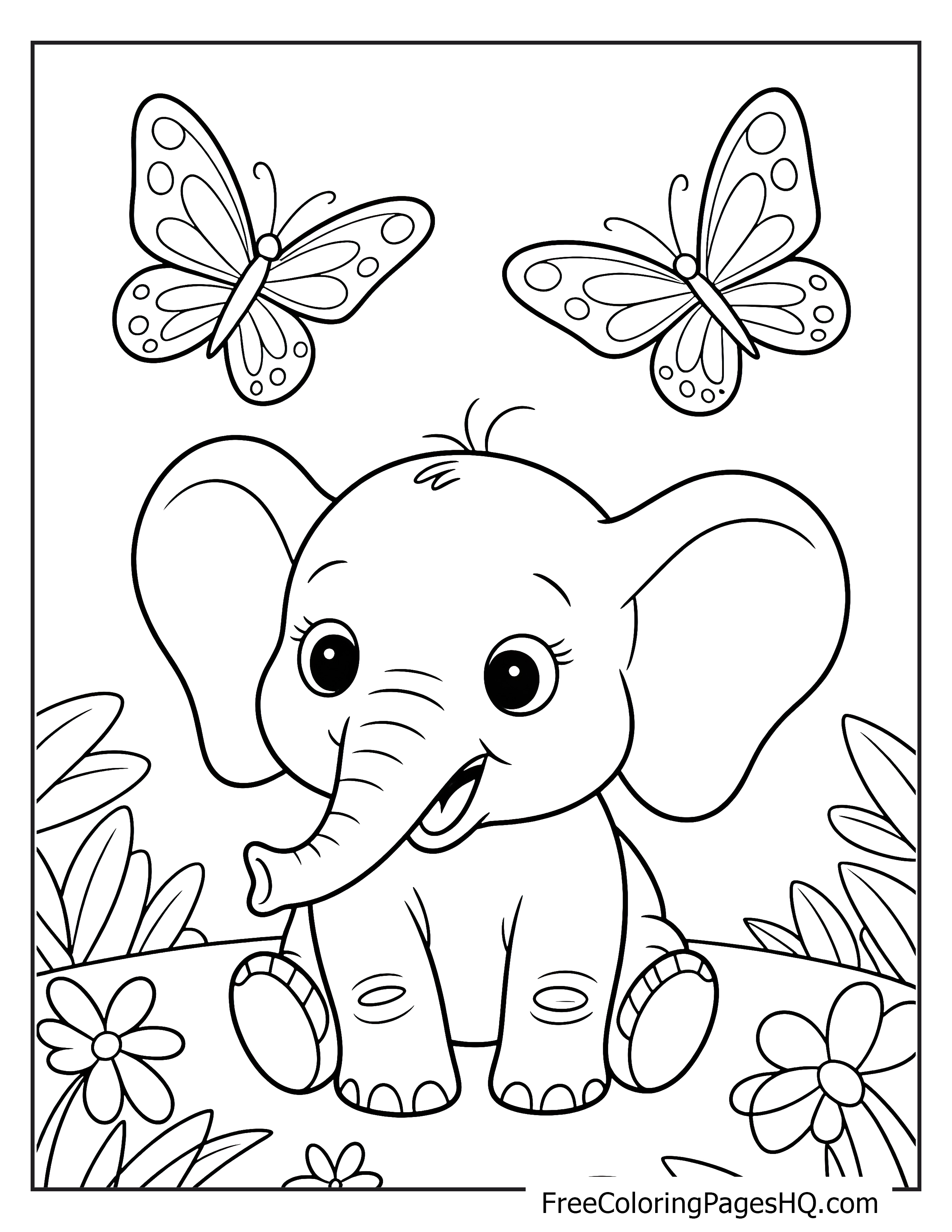 A cute elephant with flowers and butterflies.