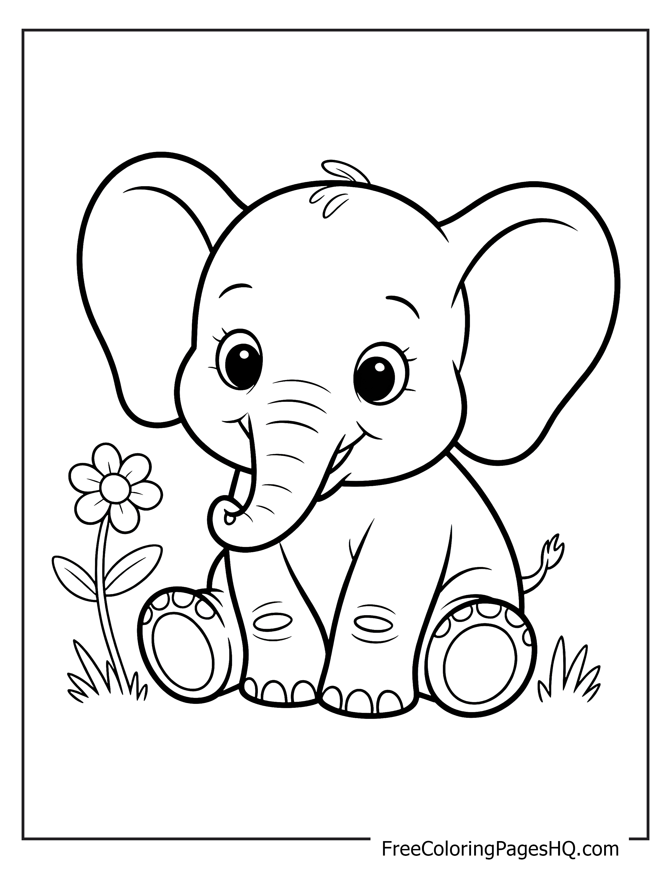 Adorable baby elephant sitting next to a flower.