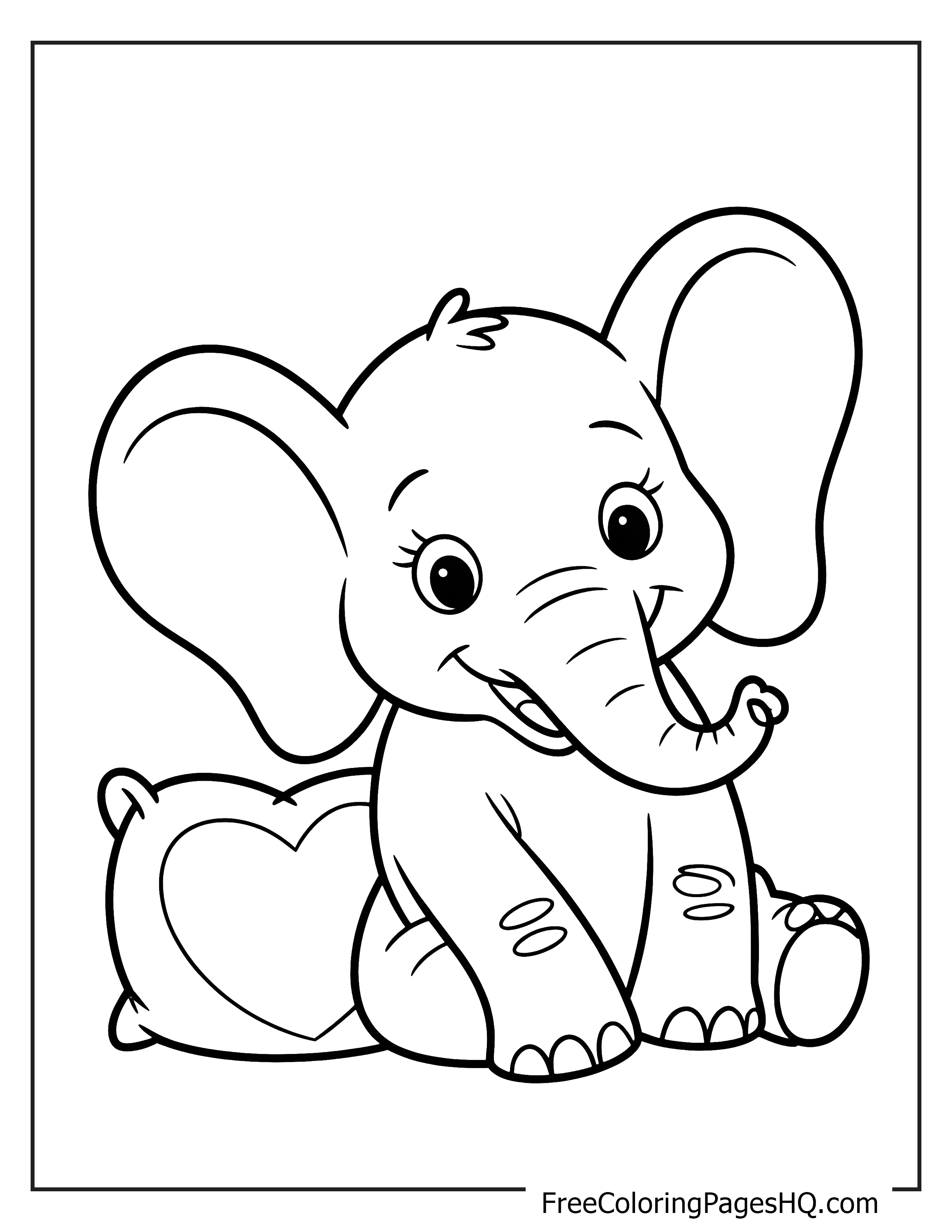 Adorable baby elephant resting next to a pillow.