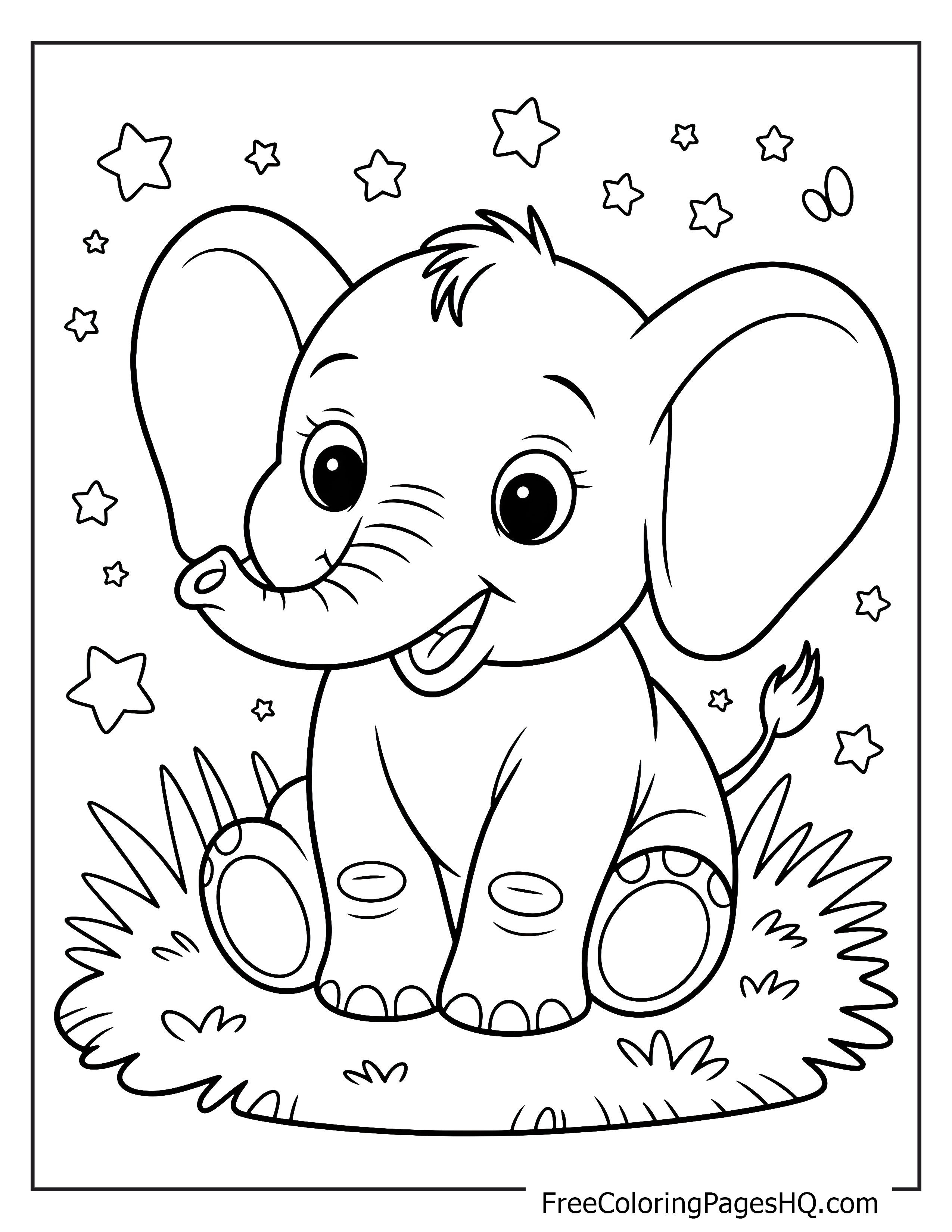 Baby elephant sitting on grass with stars and butterfly.