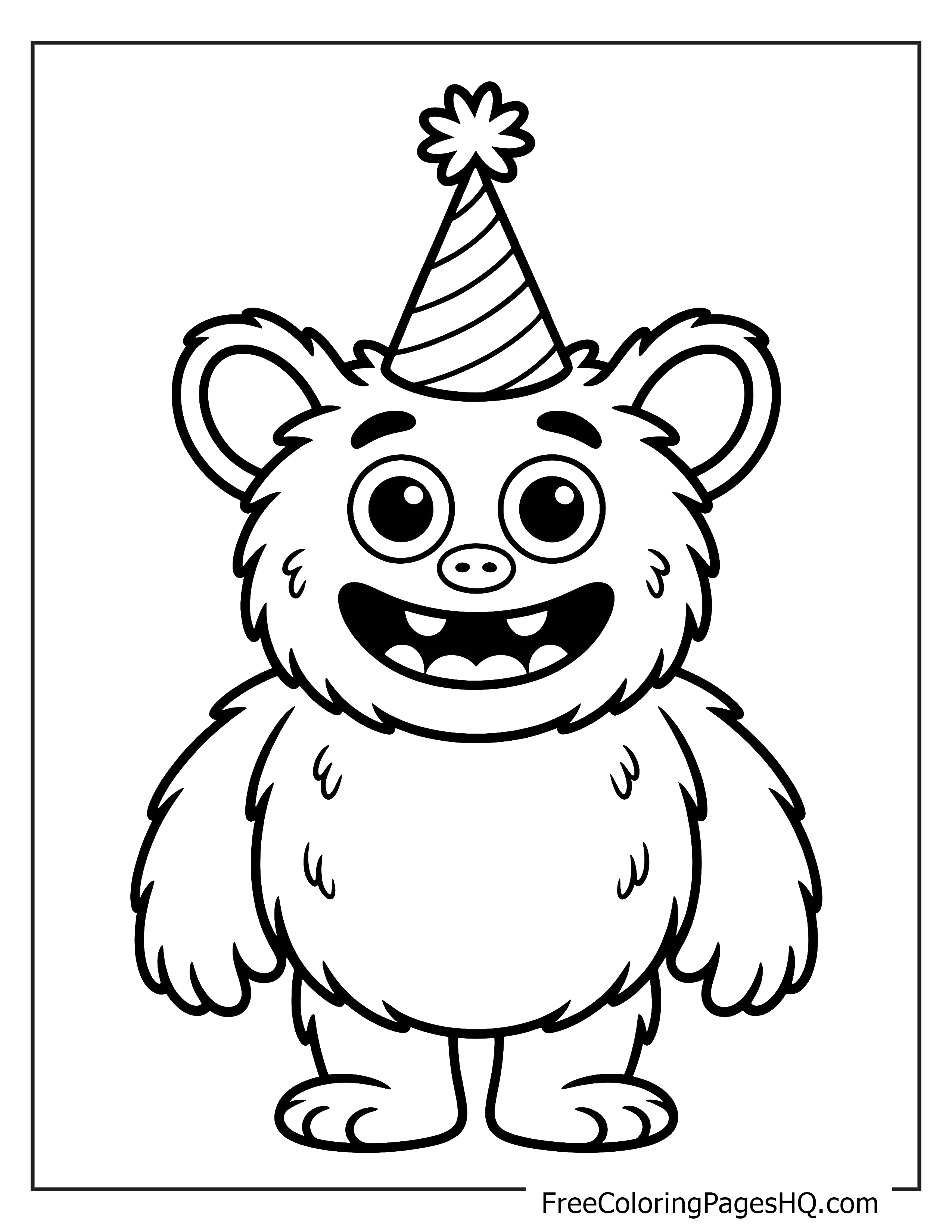 Happy bear with a wide smile in a striped party hat.