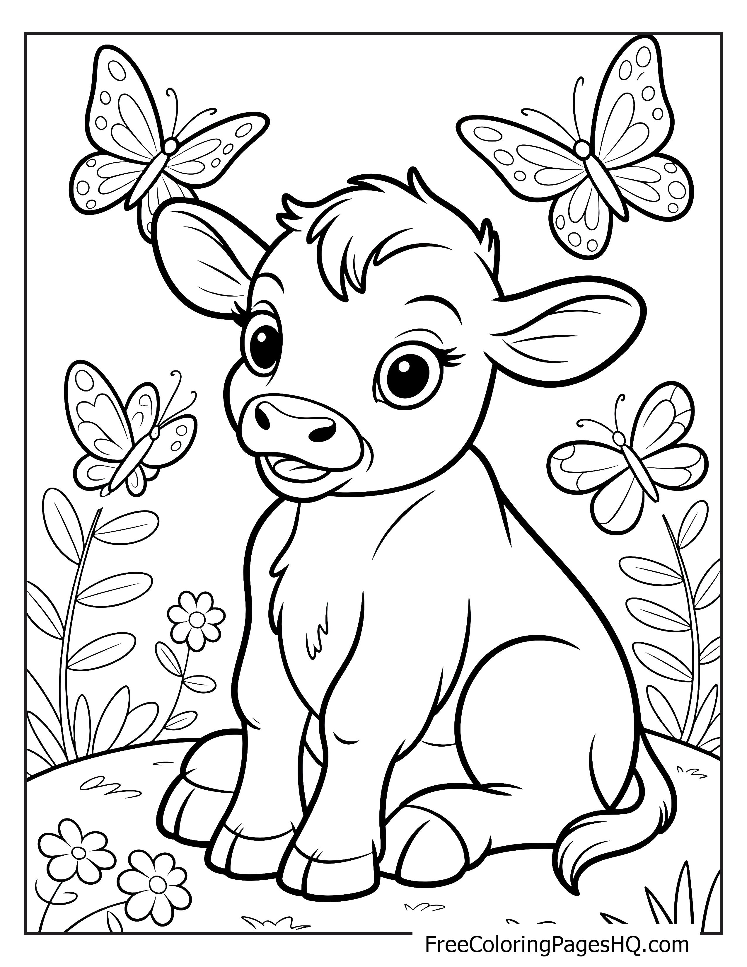 Calf sitting with butterflies and flowers around.