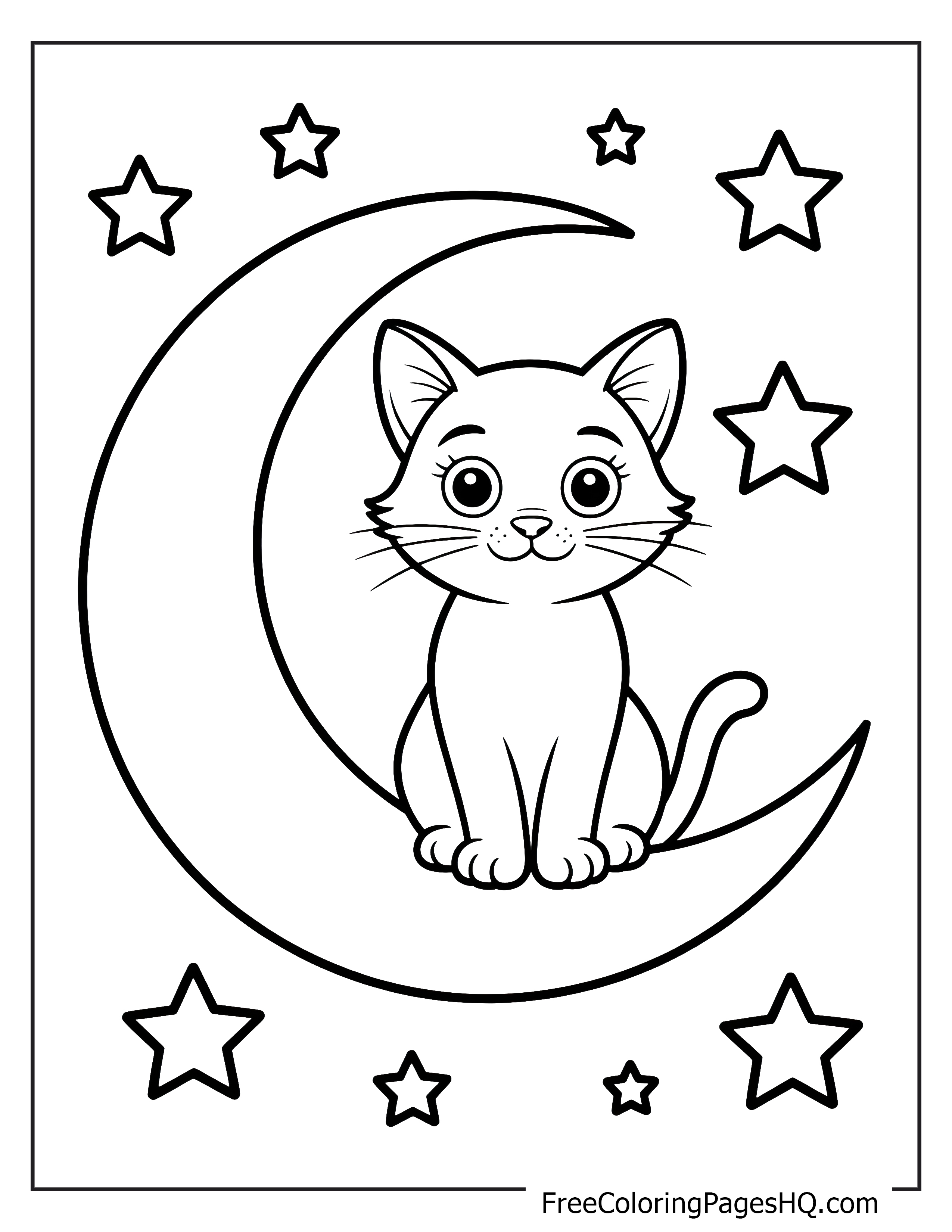 Cat on crescent moon with surrounding stars.