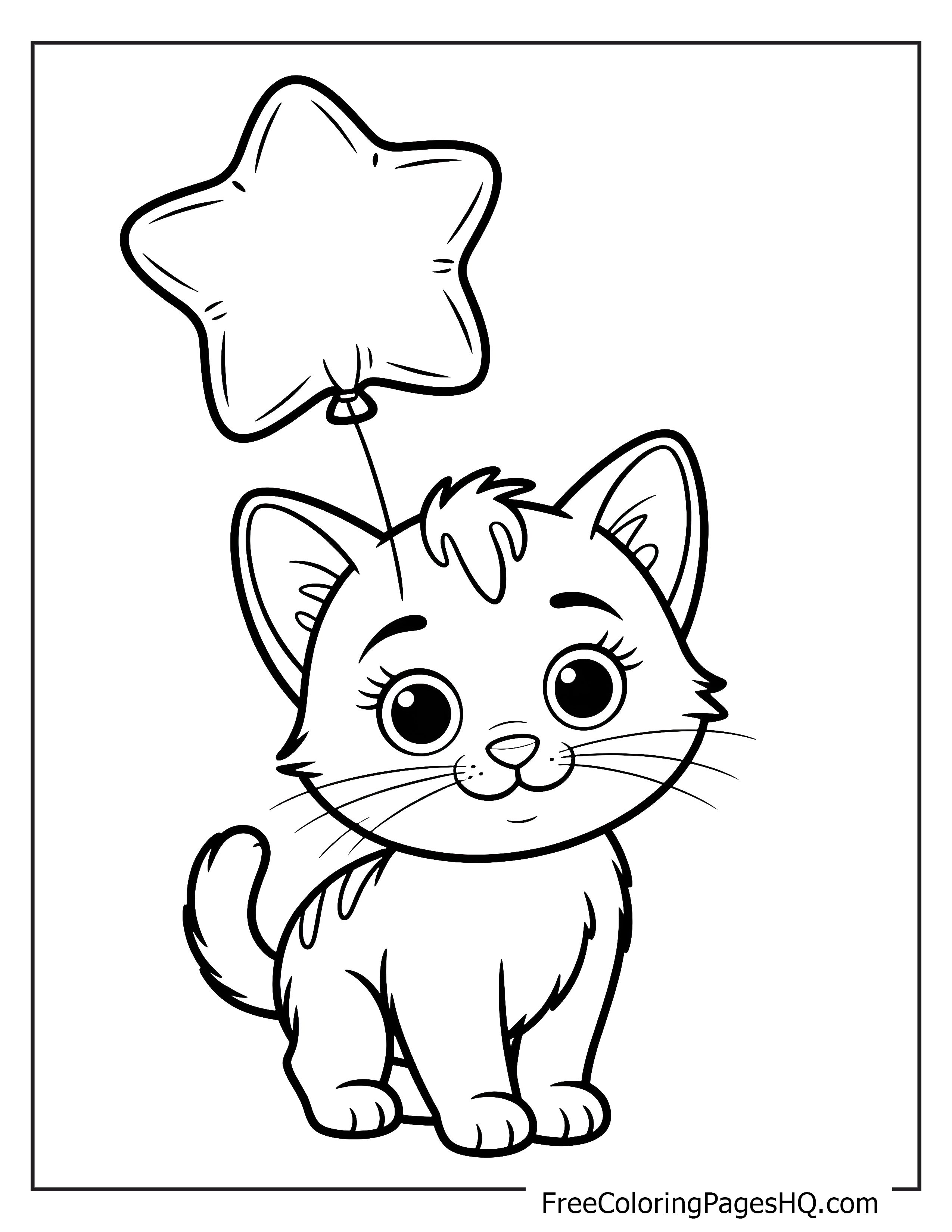 Adorable kitten with a star balloon illustration.