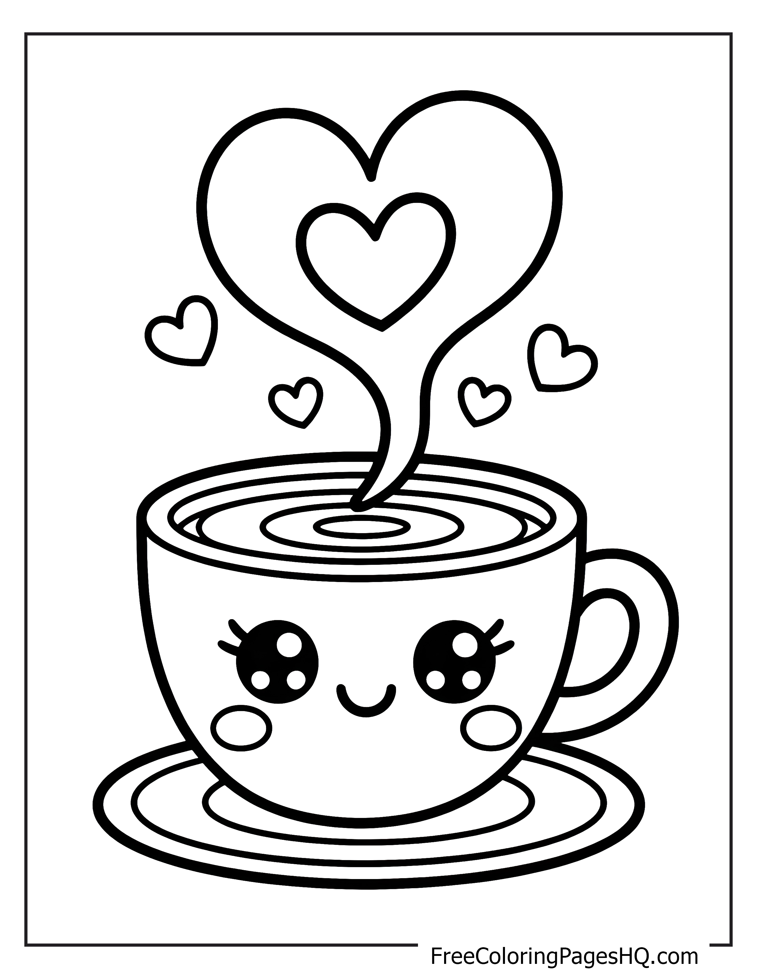 Adorable coffee cup design with hearts for kids to color.