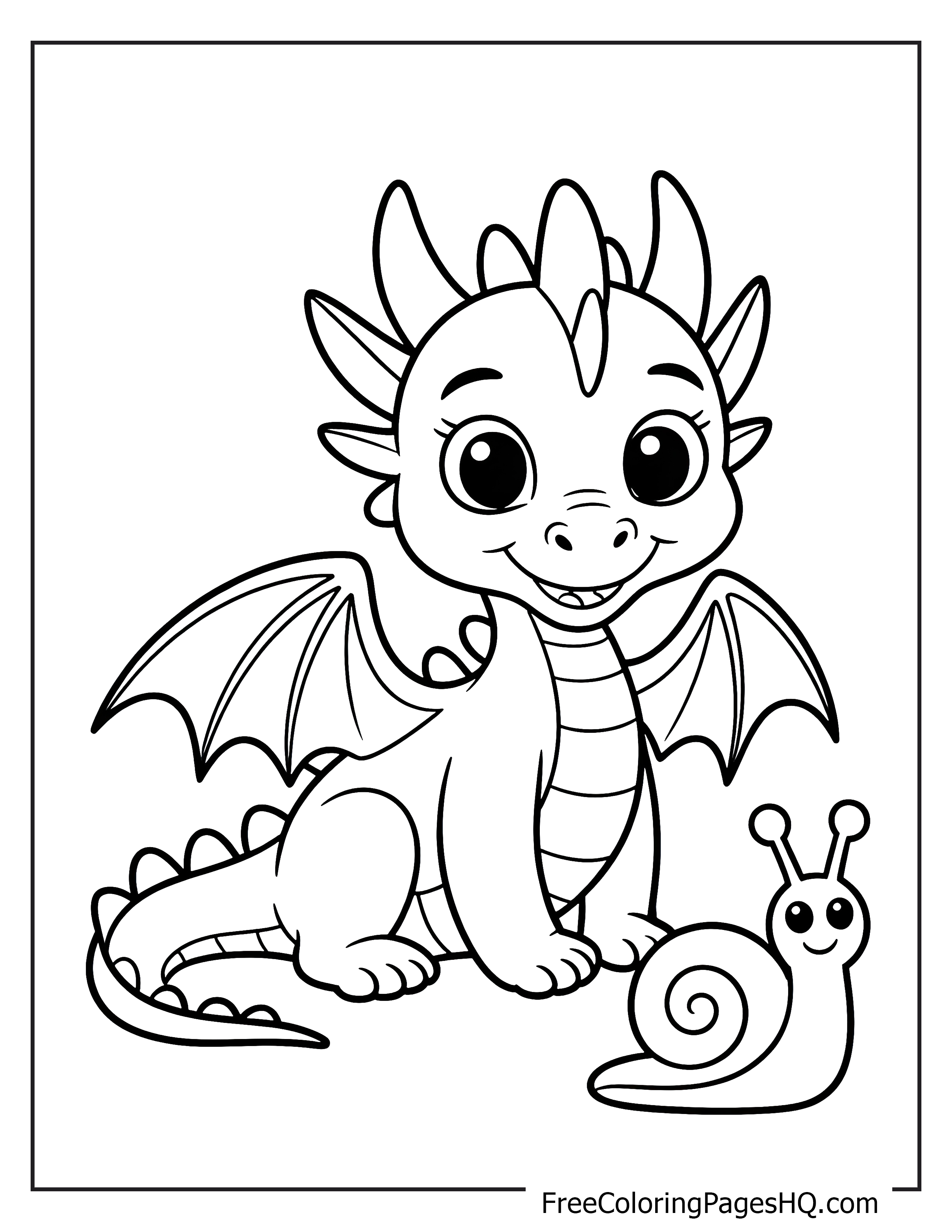 Baby dragon with wings and a friendly snail.