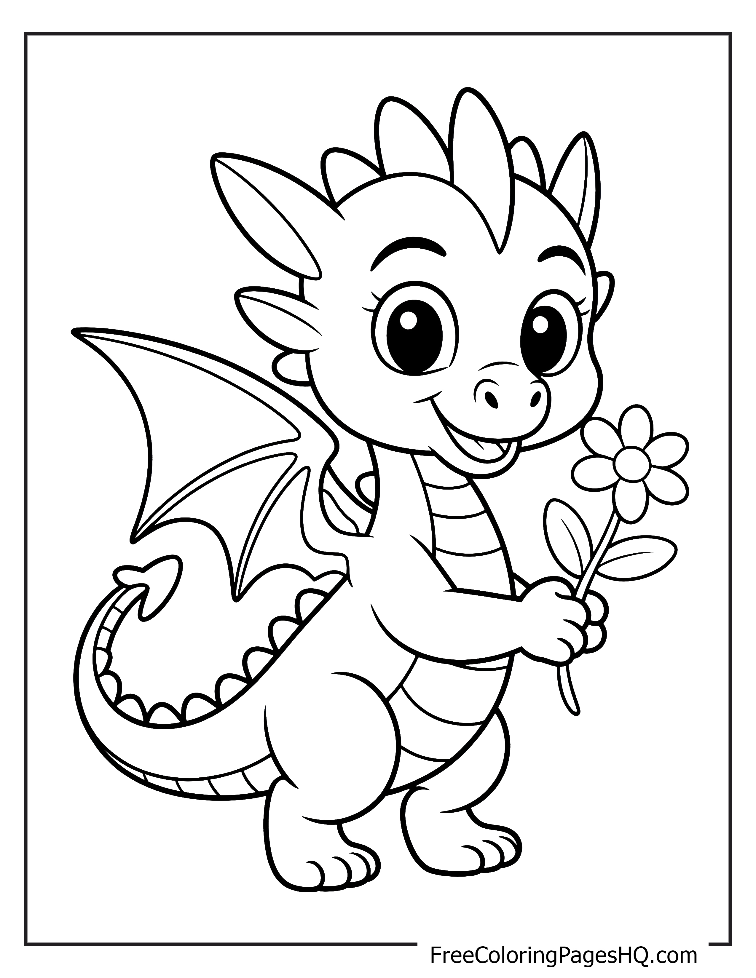 Adorable dragon with wings holding a daisy flower.