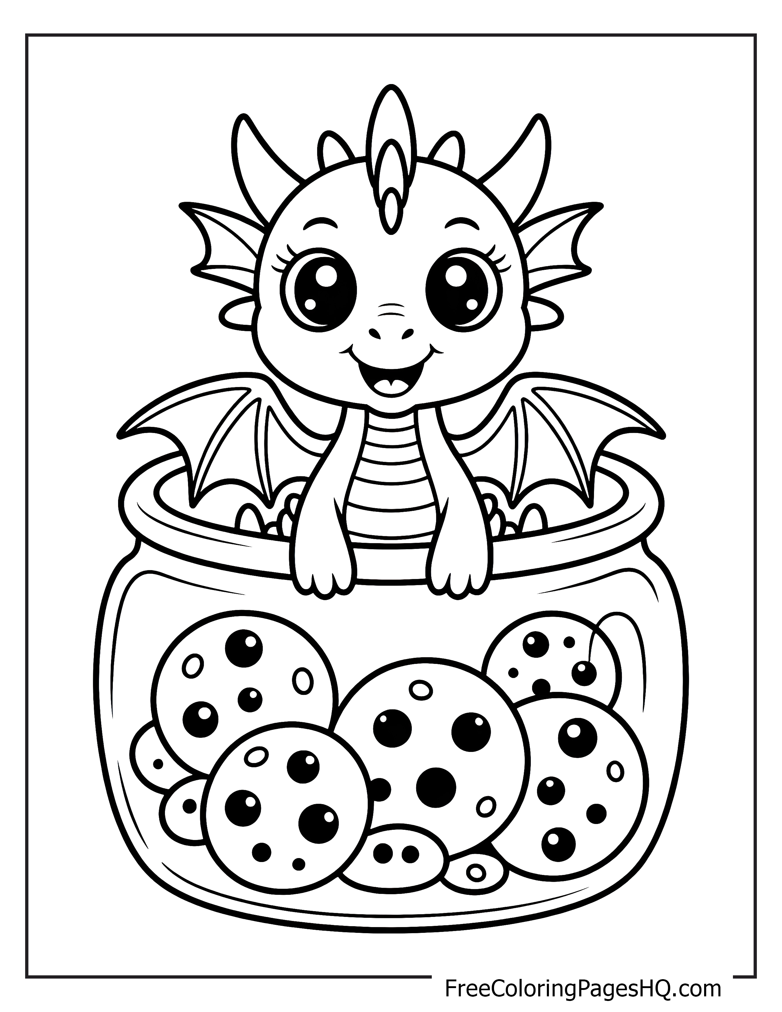 Adorable dragon sitting among cookies in a jar.