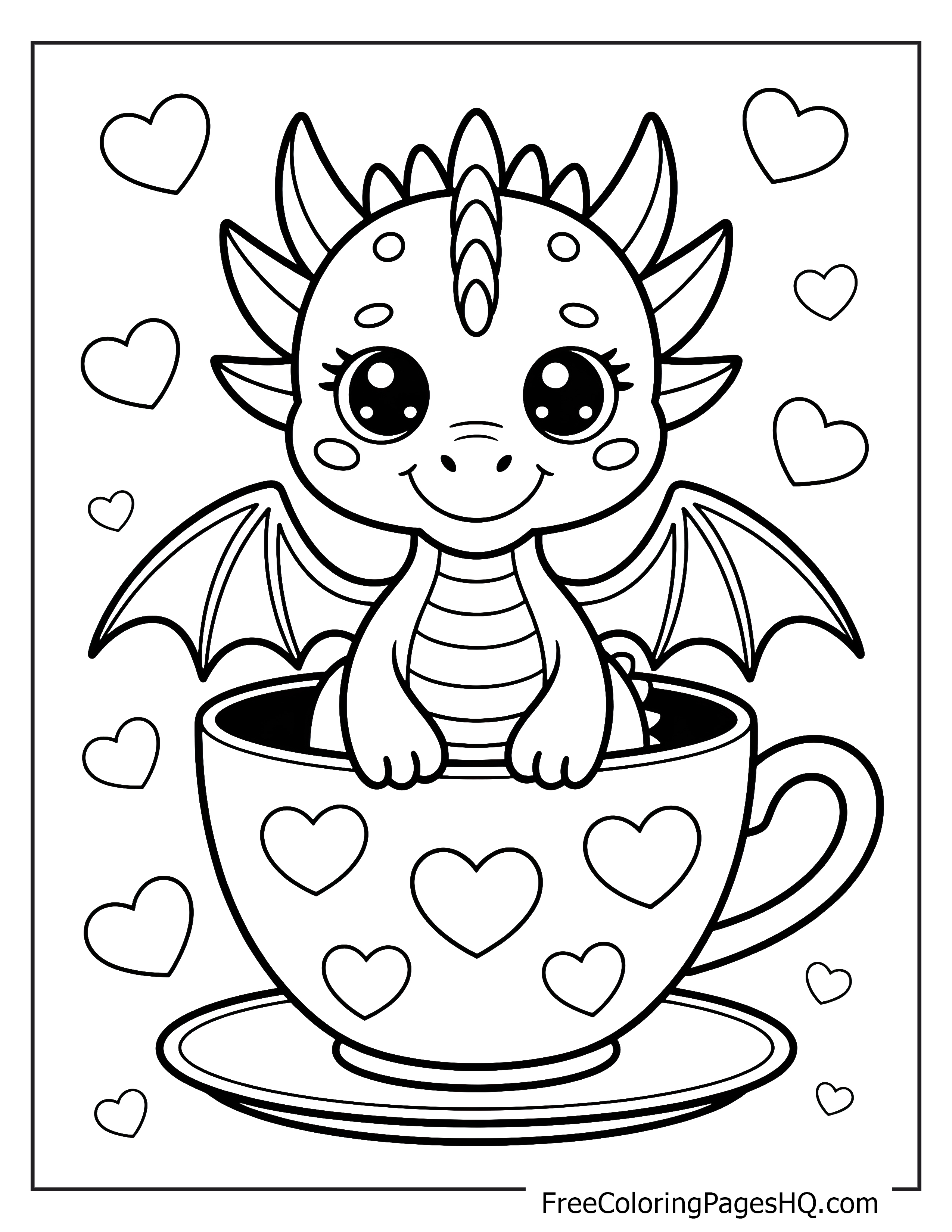 Smiling dragon in a teacup with heart patterns.