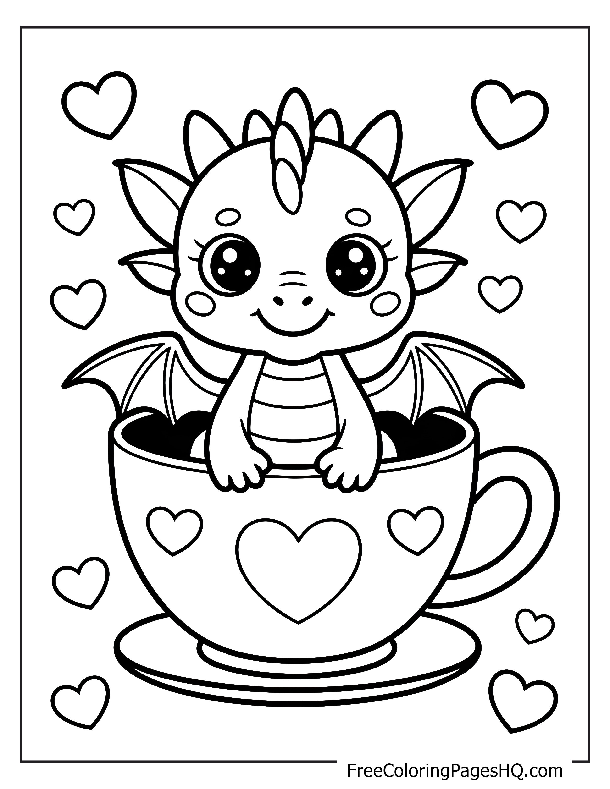 Adorable baby dragon peeking from a decorated teacup.