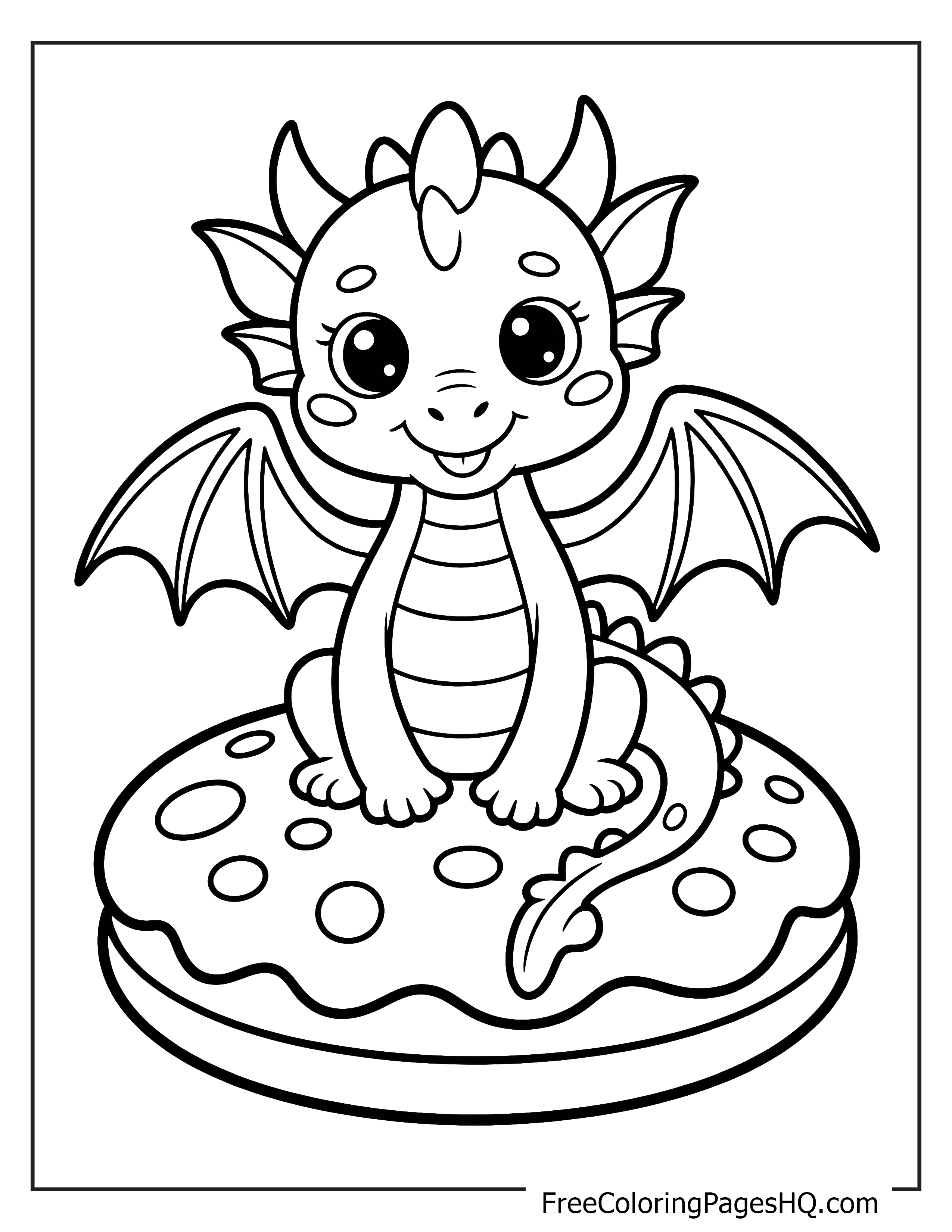 Adorable dragon perched on a large donut.