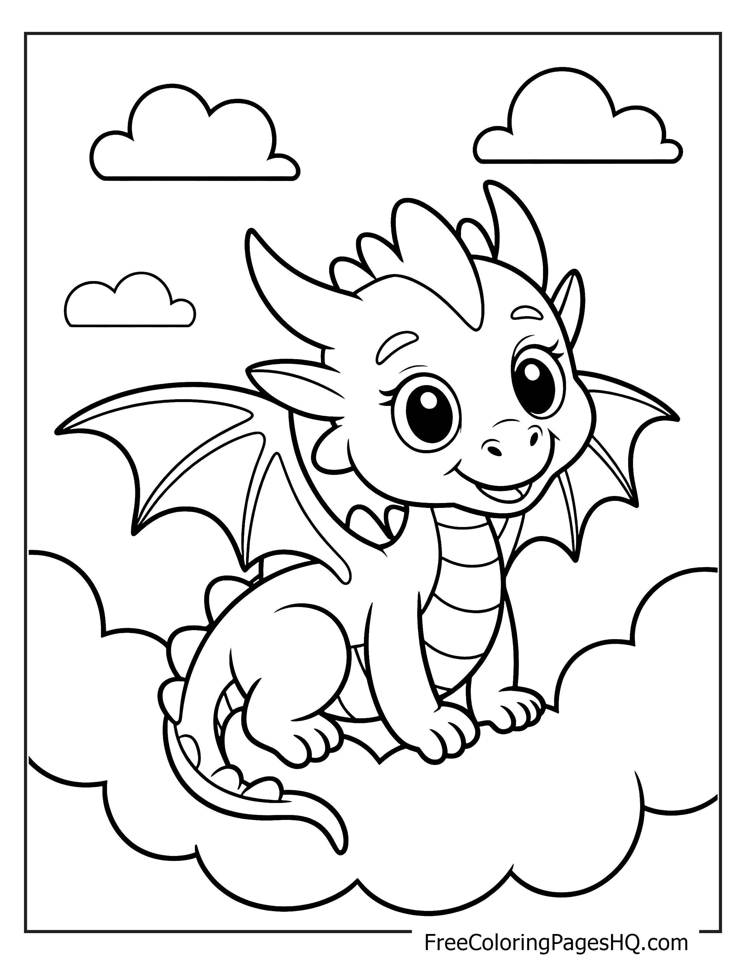 Adorable baby dragon resting on clouds illustration.