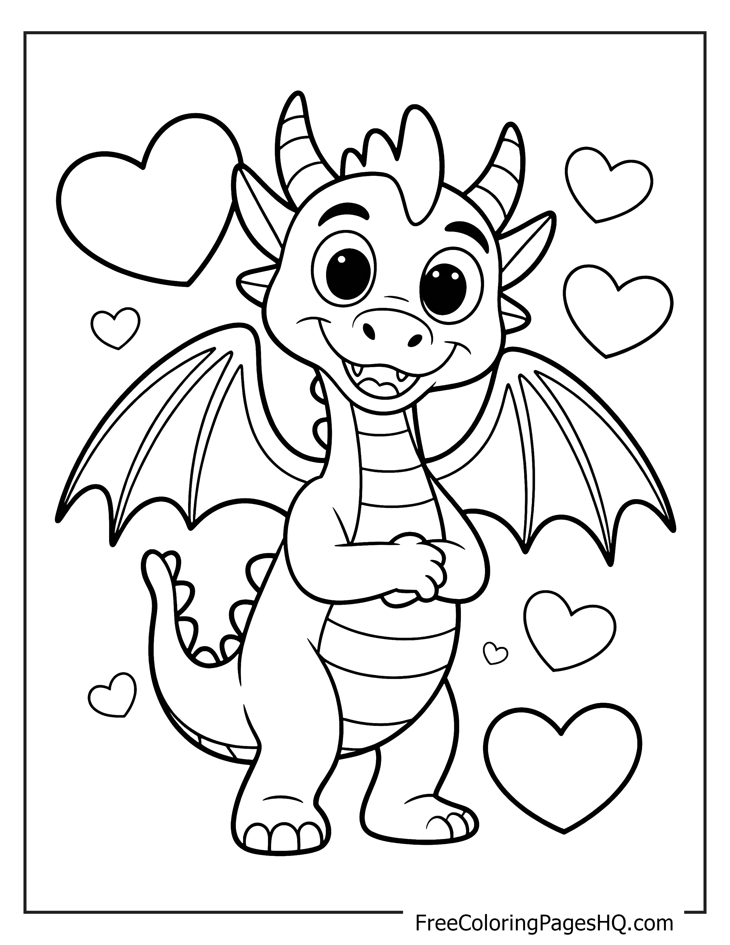 Adorable dragon with big eyes and hearts around.
