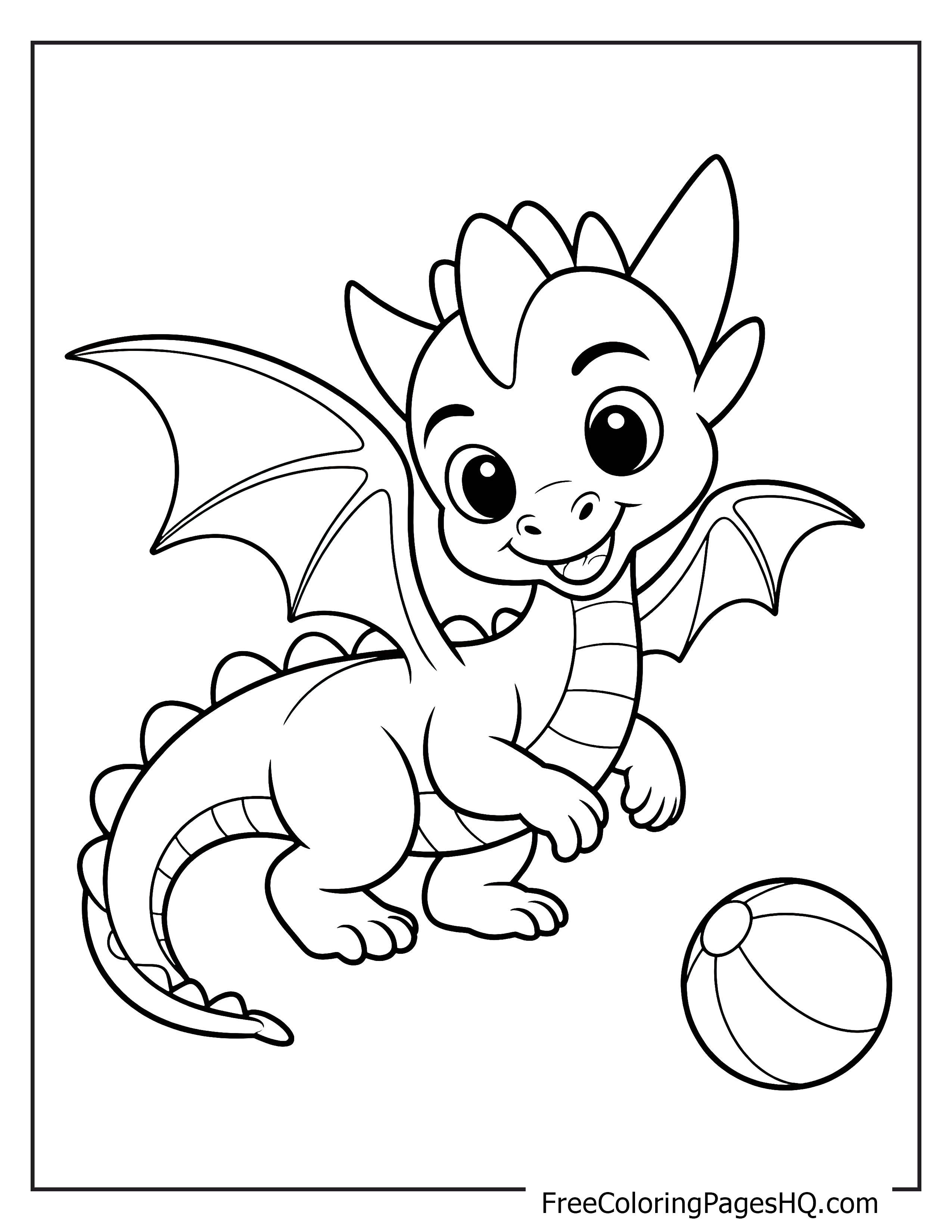 Baby dragon and beach ball illustration for kids.