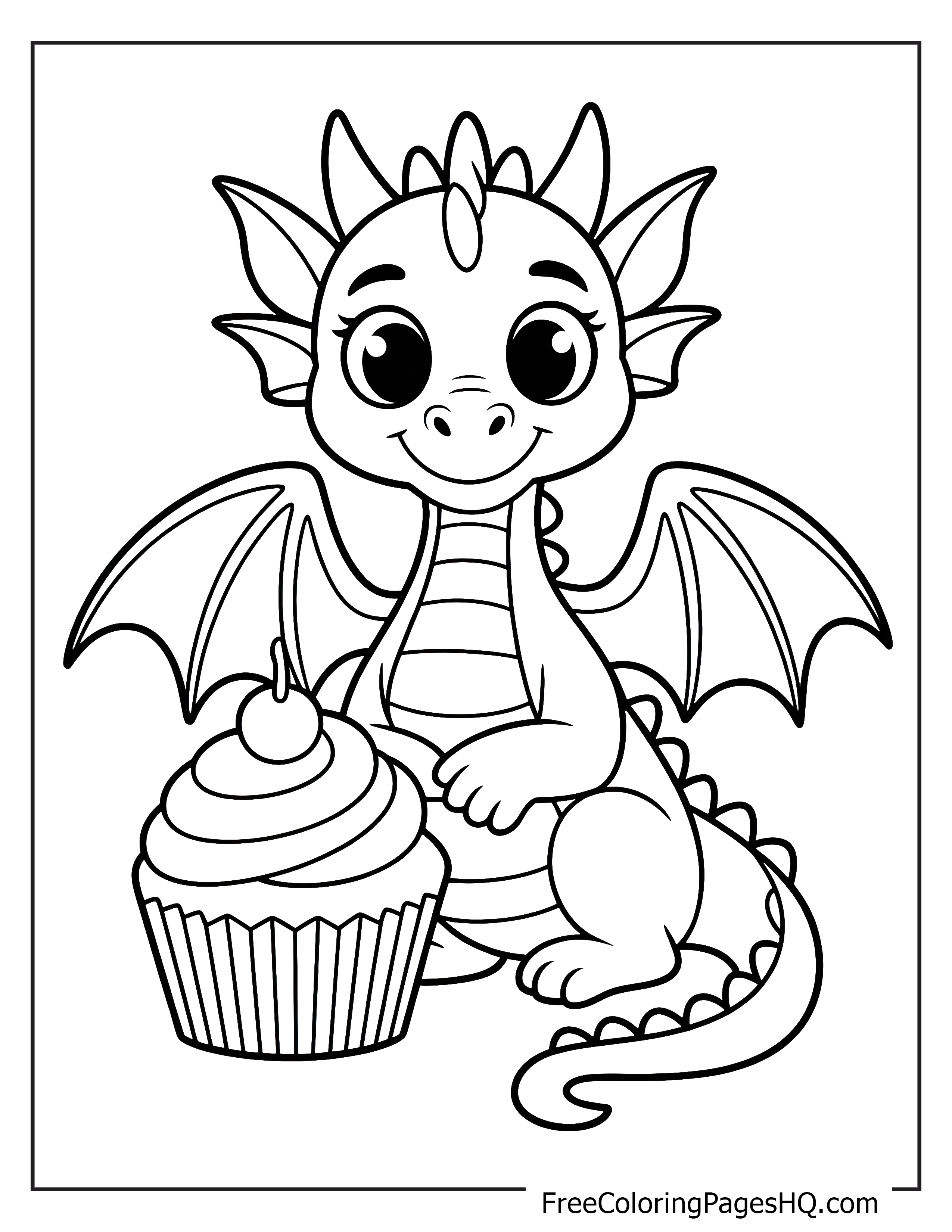 Adorable dragon happily sitting beside a big cupcake.