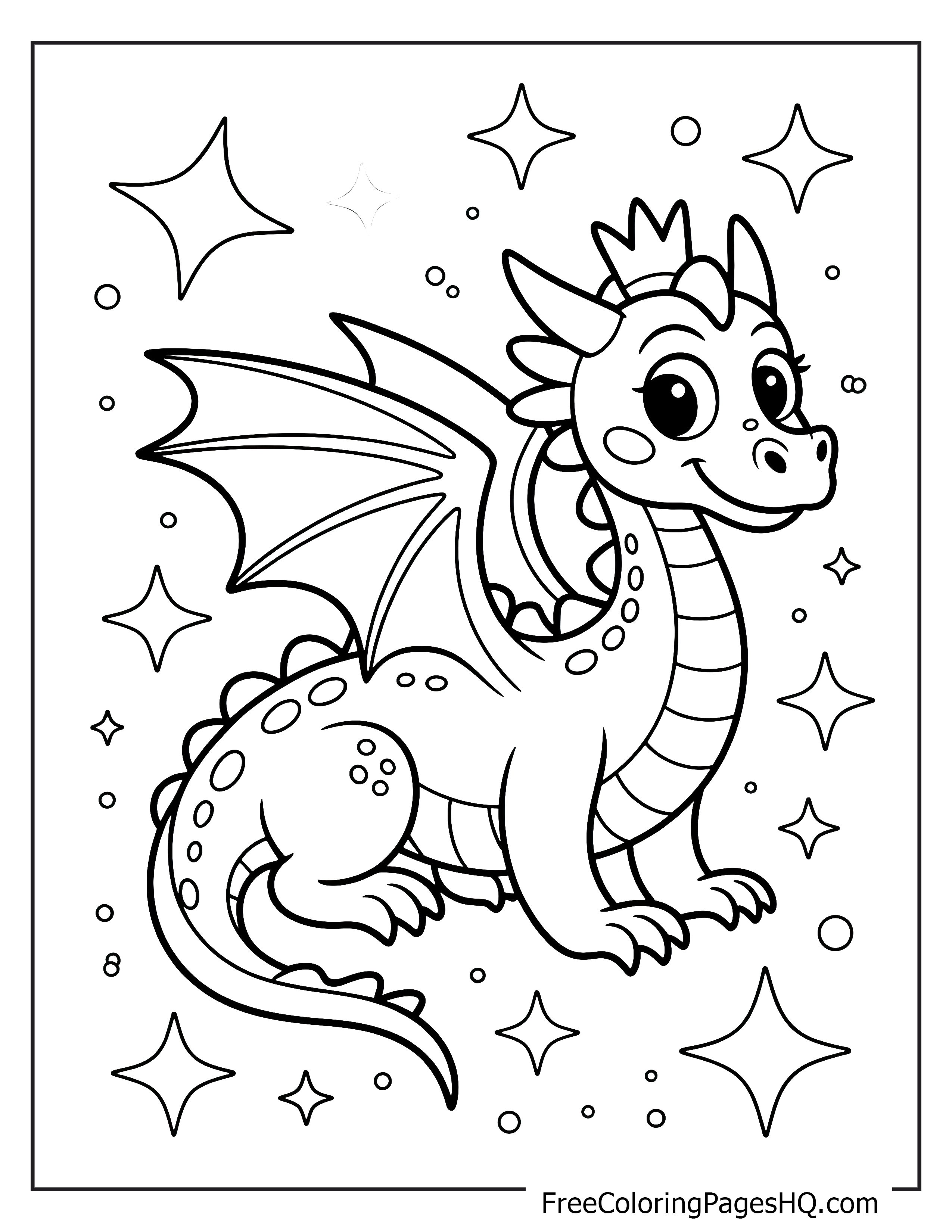 Illustration of a happy dragon with a crown and stars.