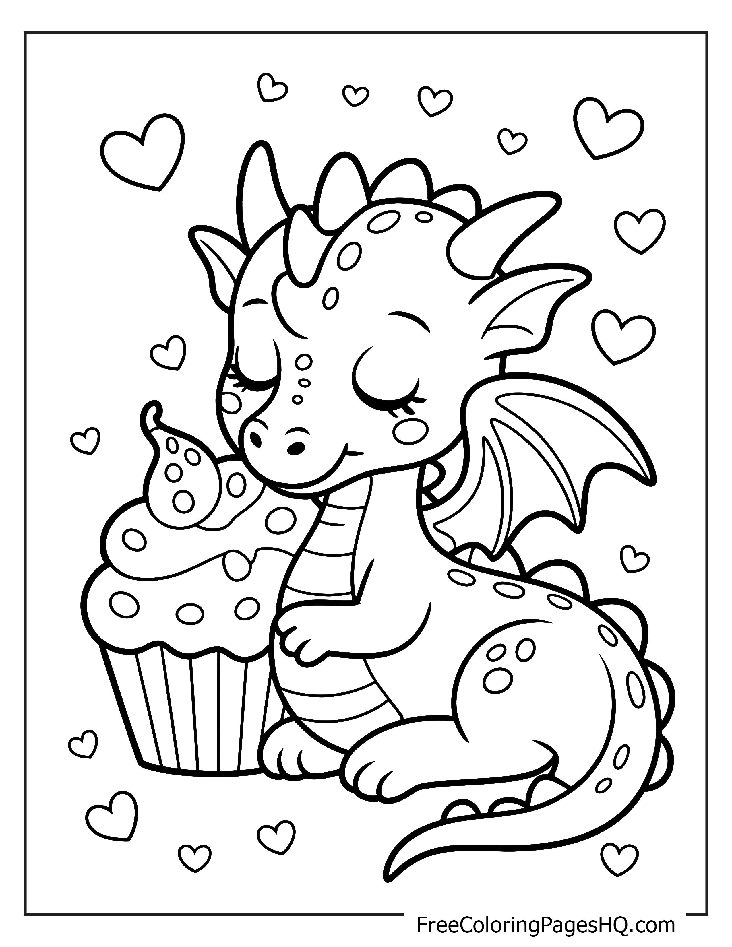 Adorable dragon hugging a cupcake with floating hearts.
