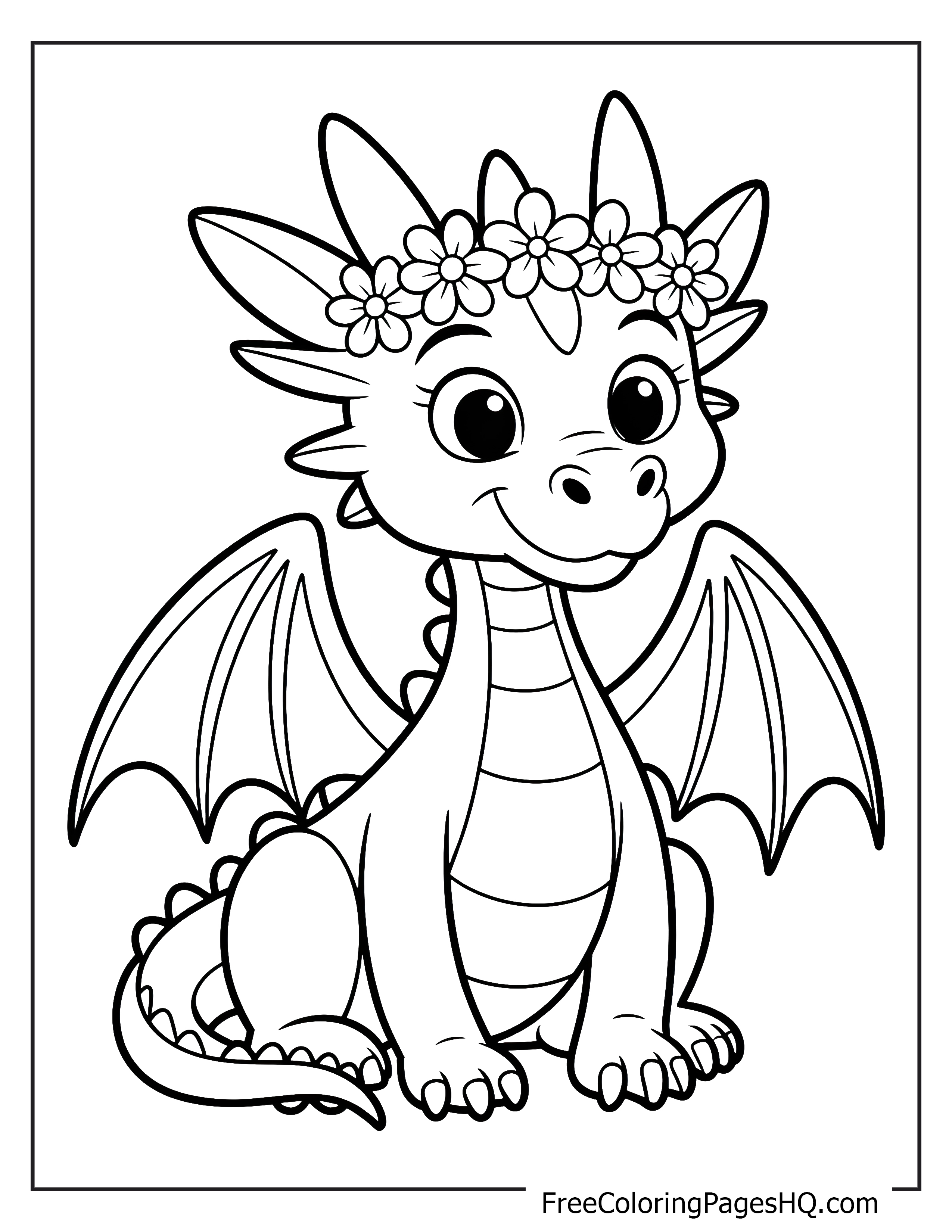 Adorable dragon wearing a flower crown with open wings.