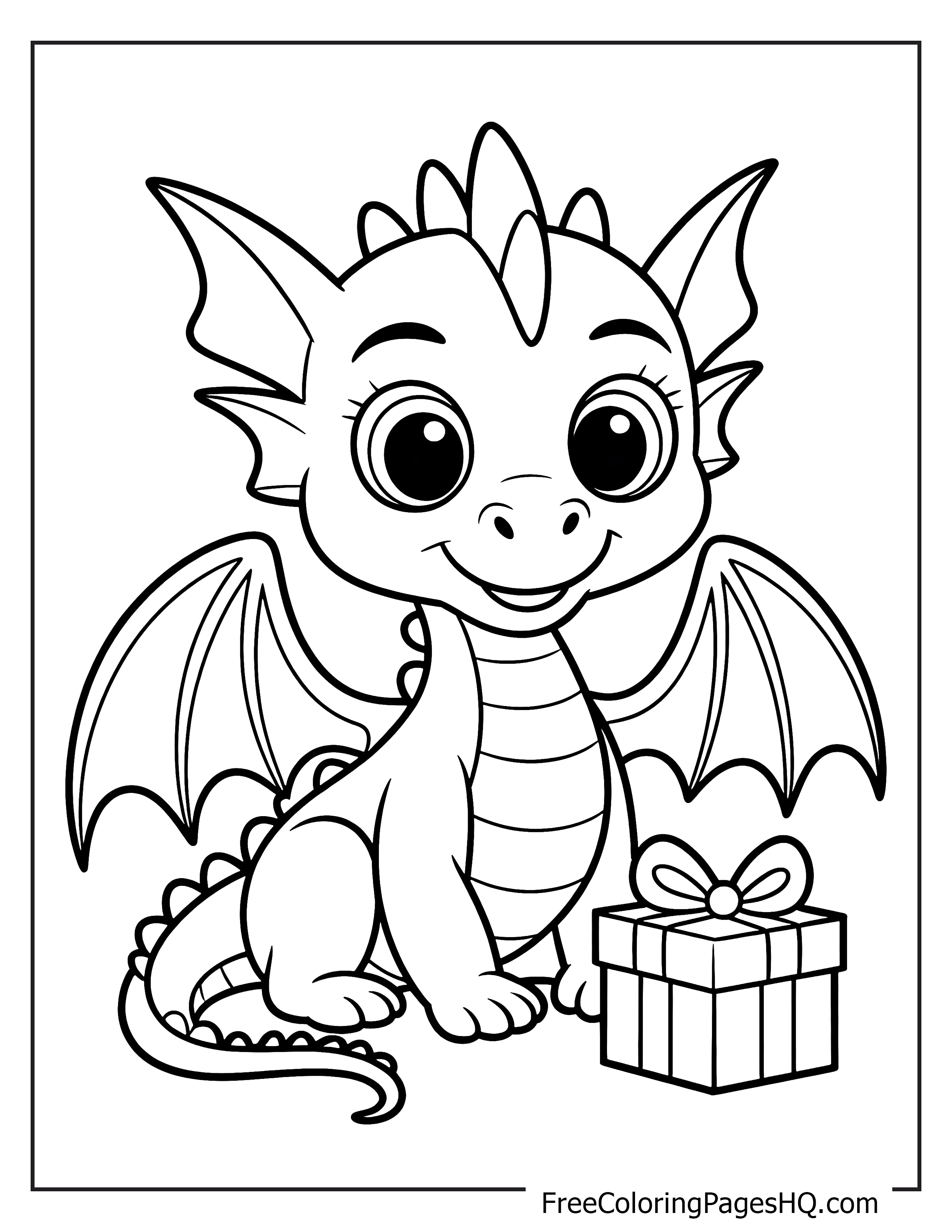 Adorable dragon with a gift for kids to color.