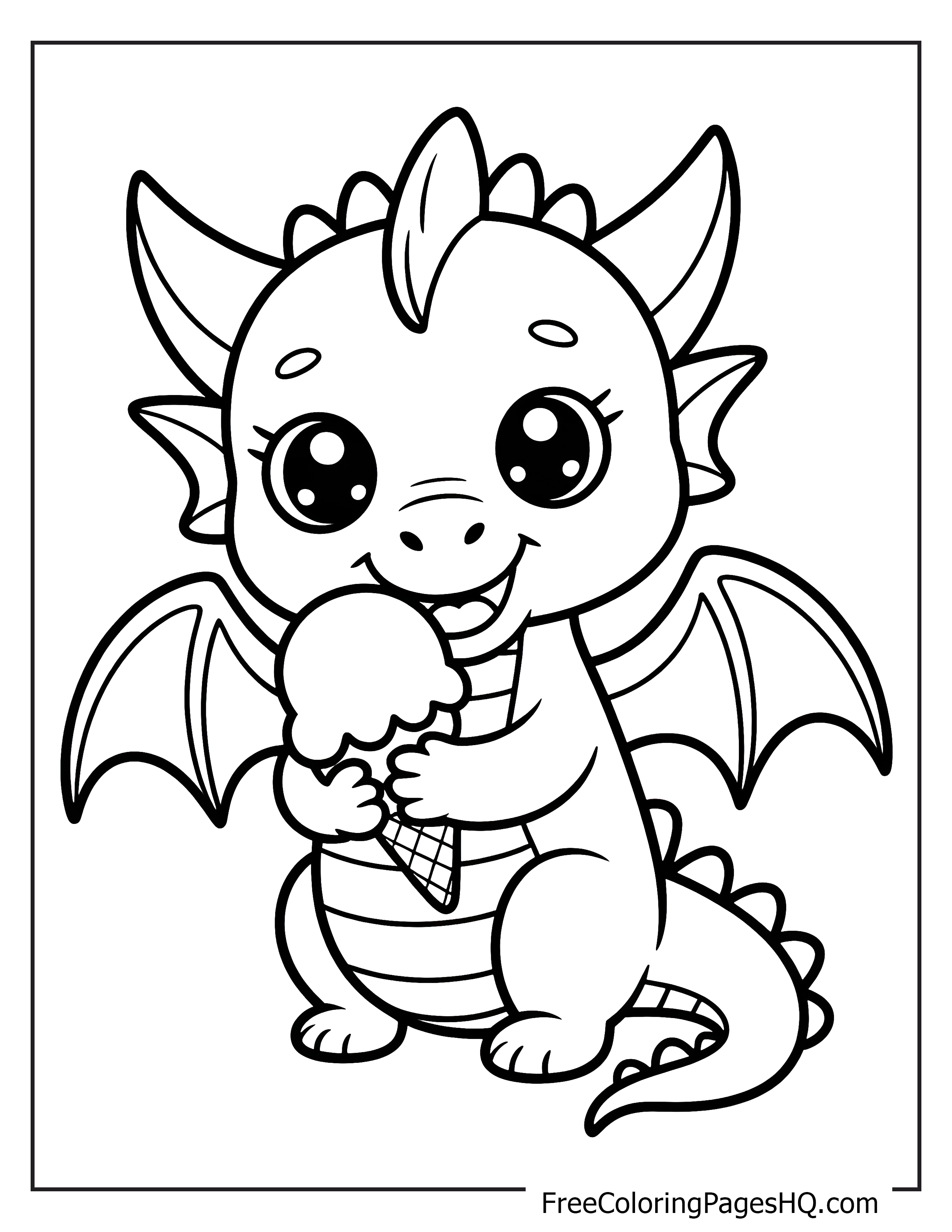 Adorable dragon enjoying ice cream, perfect for kids.