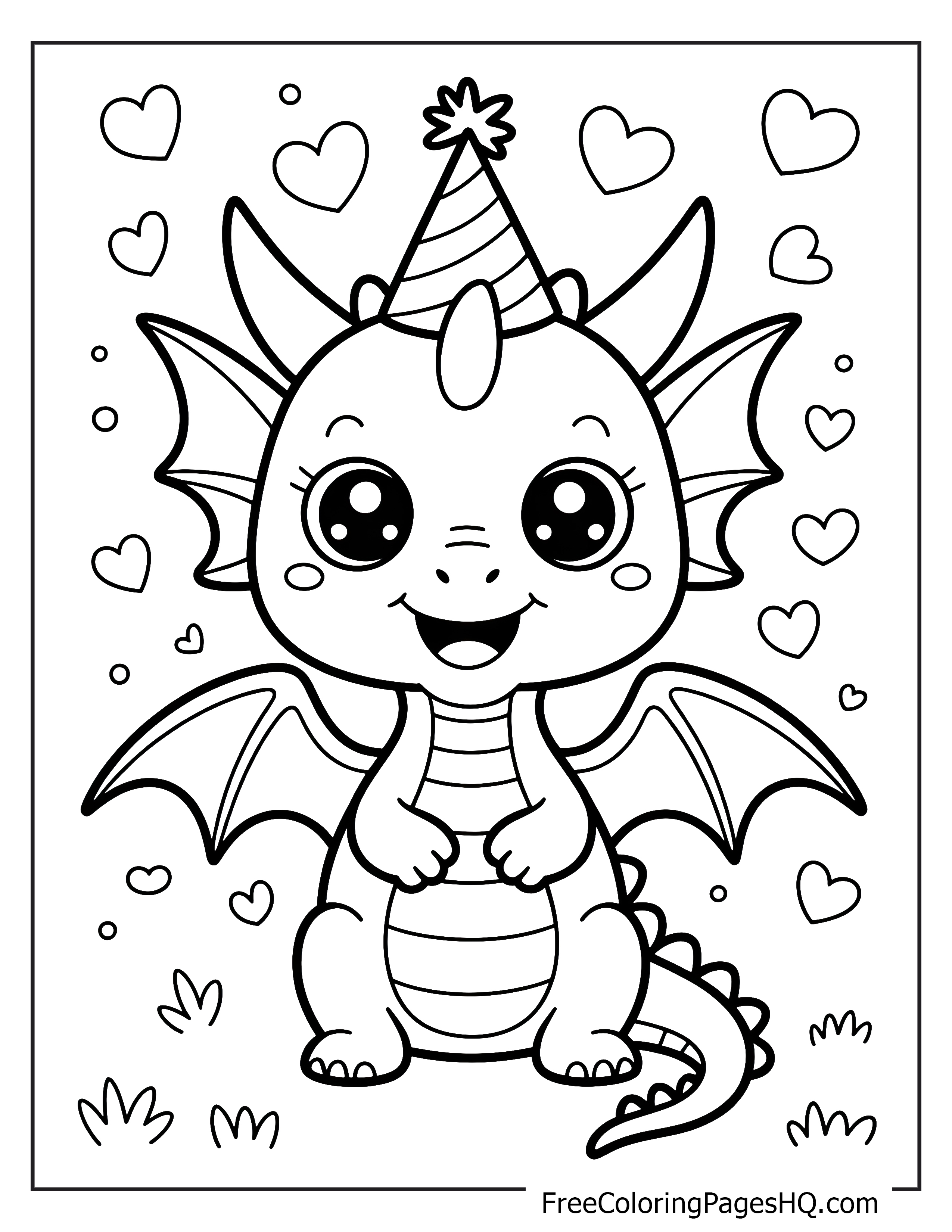 Adorable dragon with party hat and hearts illustration.