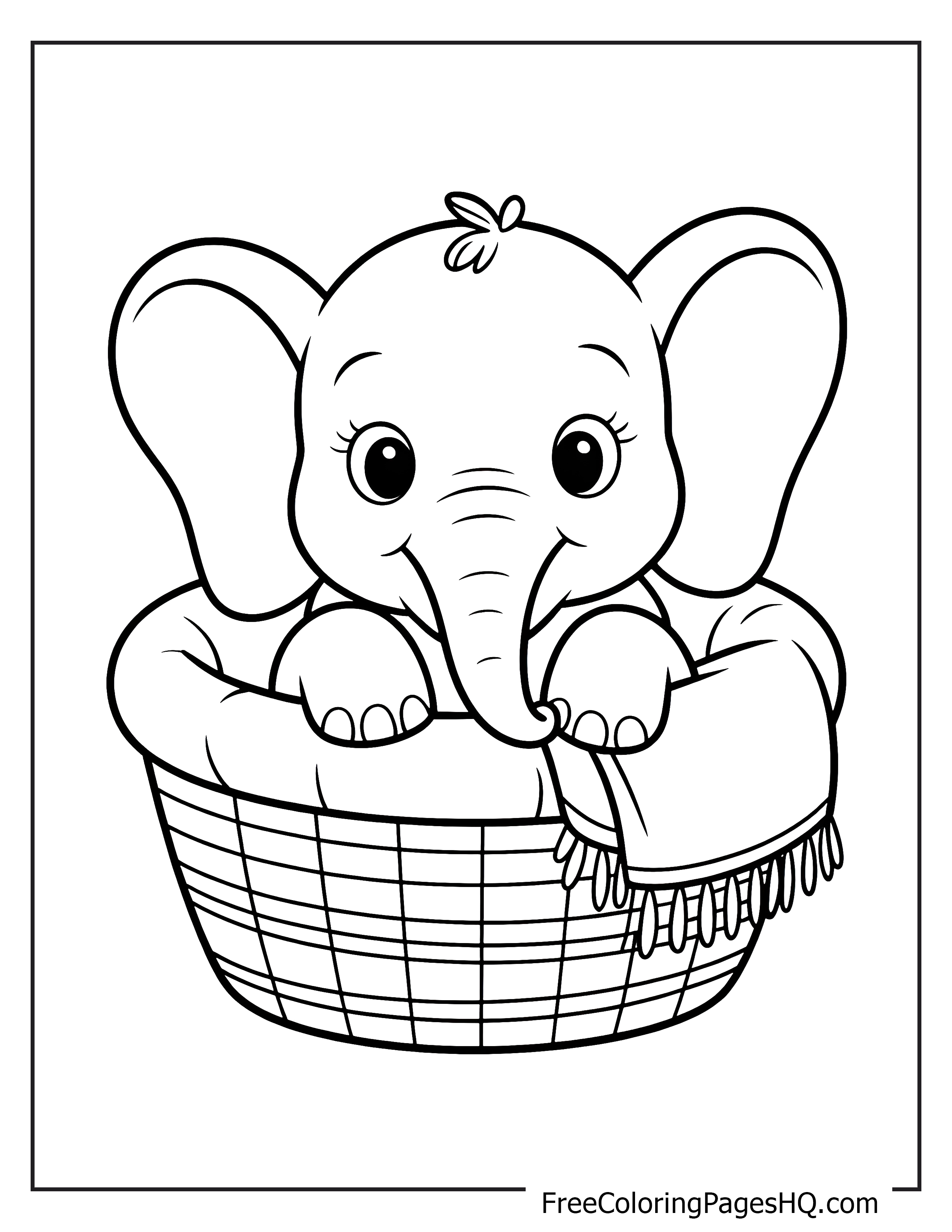Illustration of an elephant in a basket for kids.