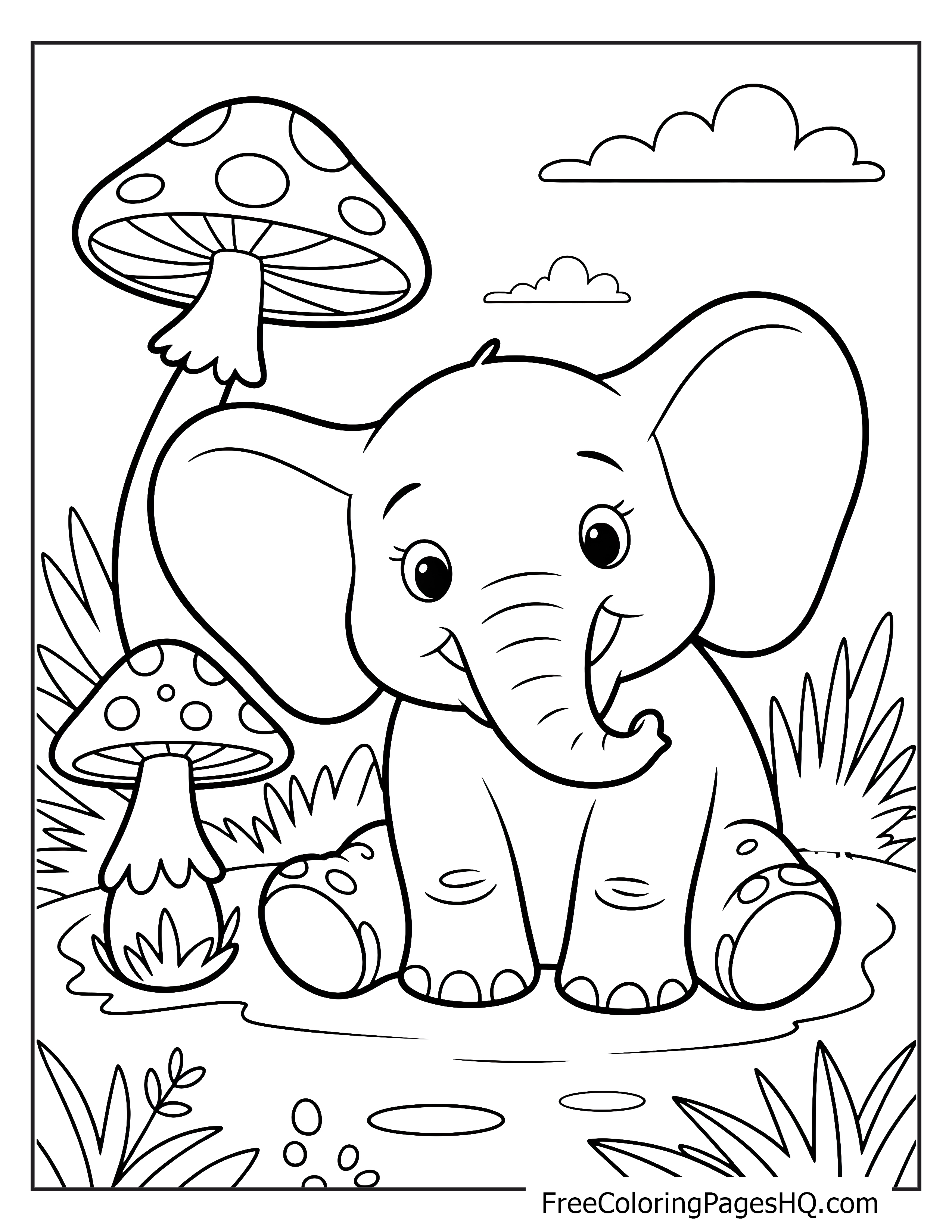 Illustration of a smiling elephant with mushrooms around.