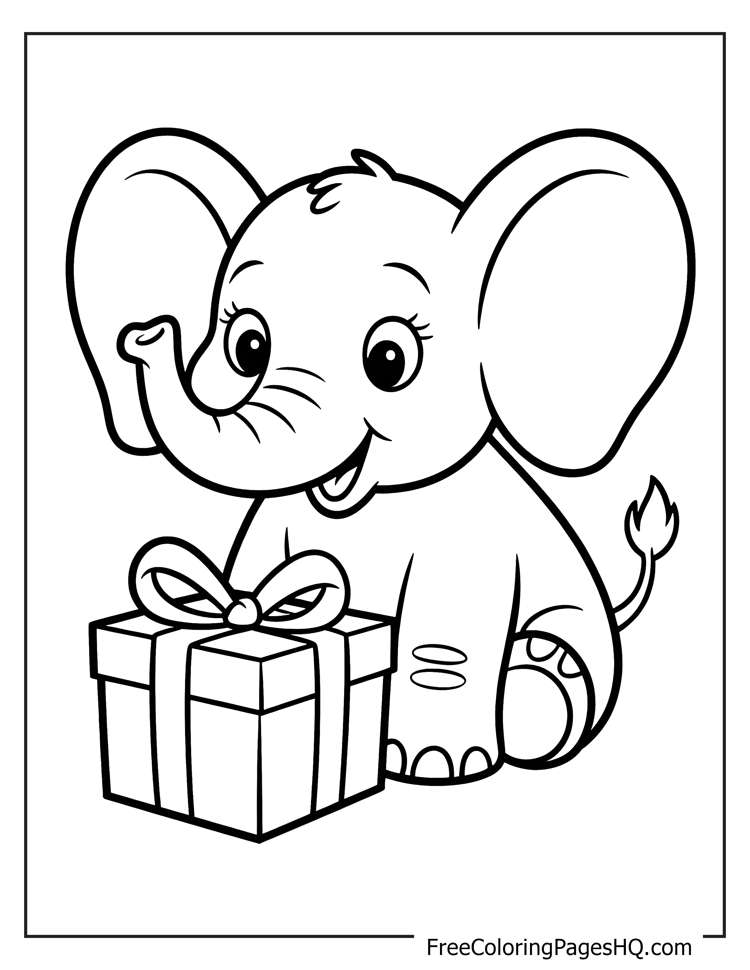 Baby elephant beside a present, ready for coloring.