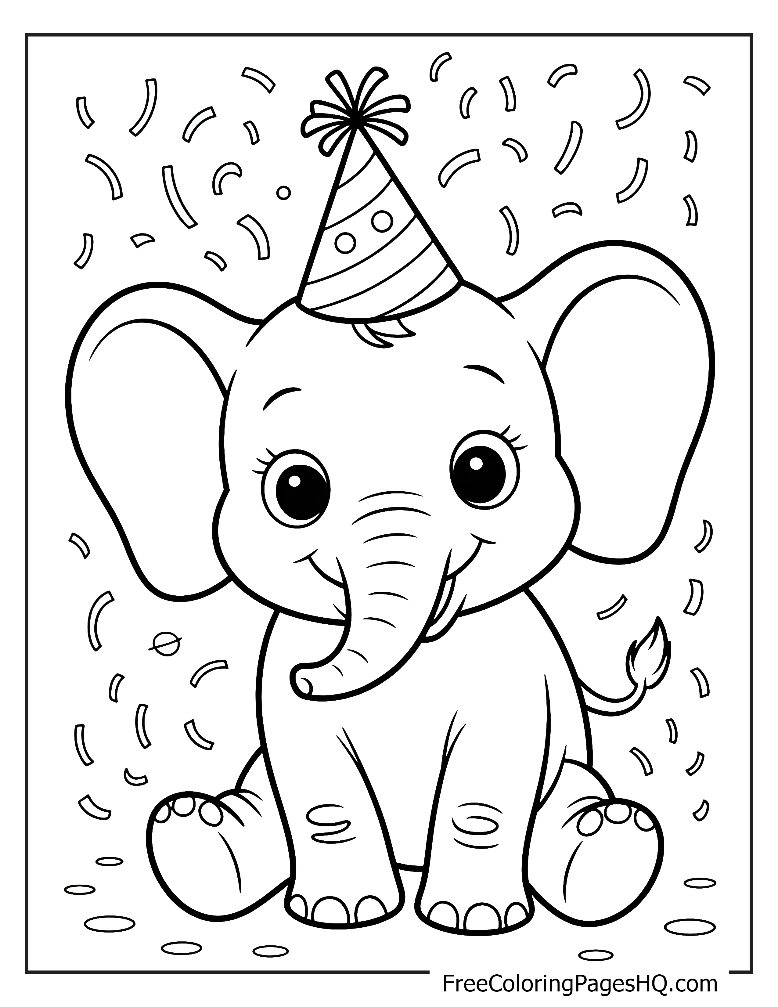 Smiling elephant with a birthday hat illustration.