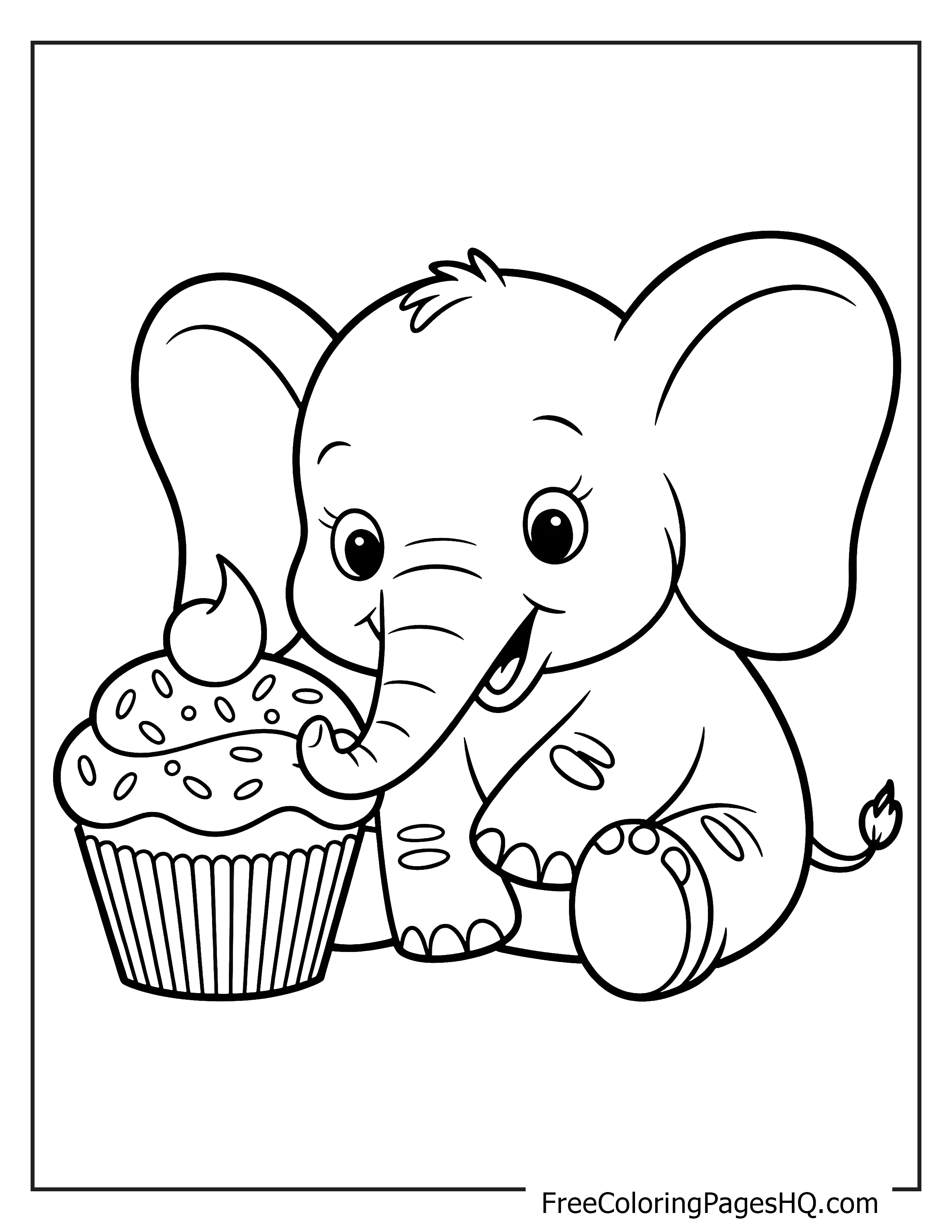 Smiling elephant enjoying a cupcake illustration.