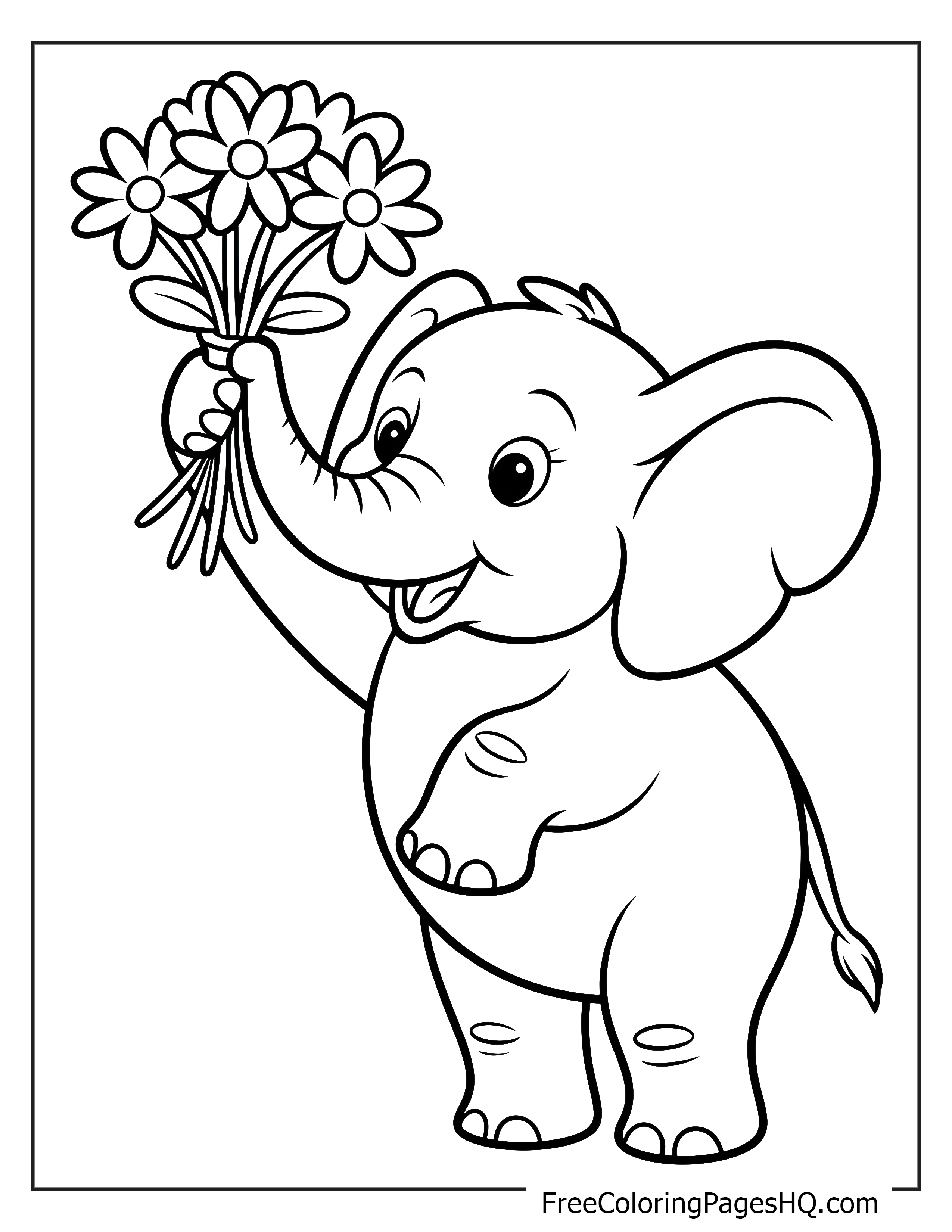 Cheerful elephant holding flowers illustration for kids.