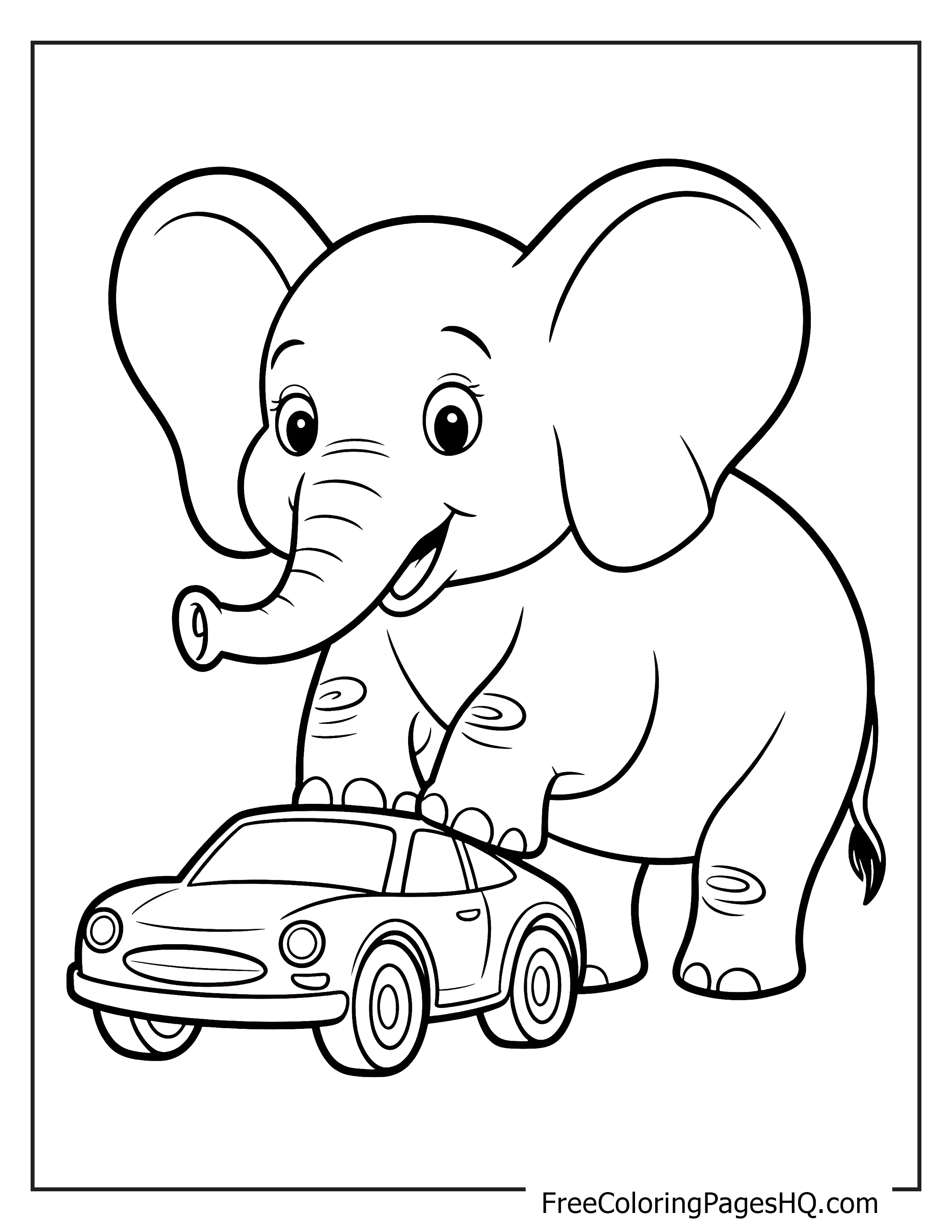 Elephant playing with a car illustration for kids.