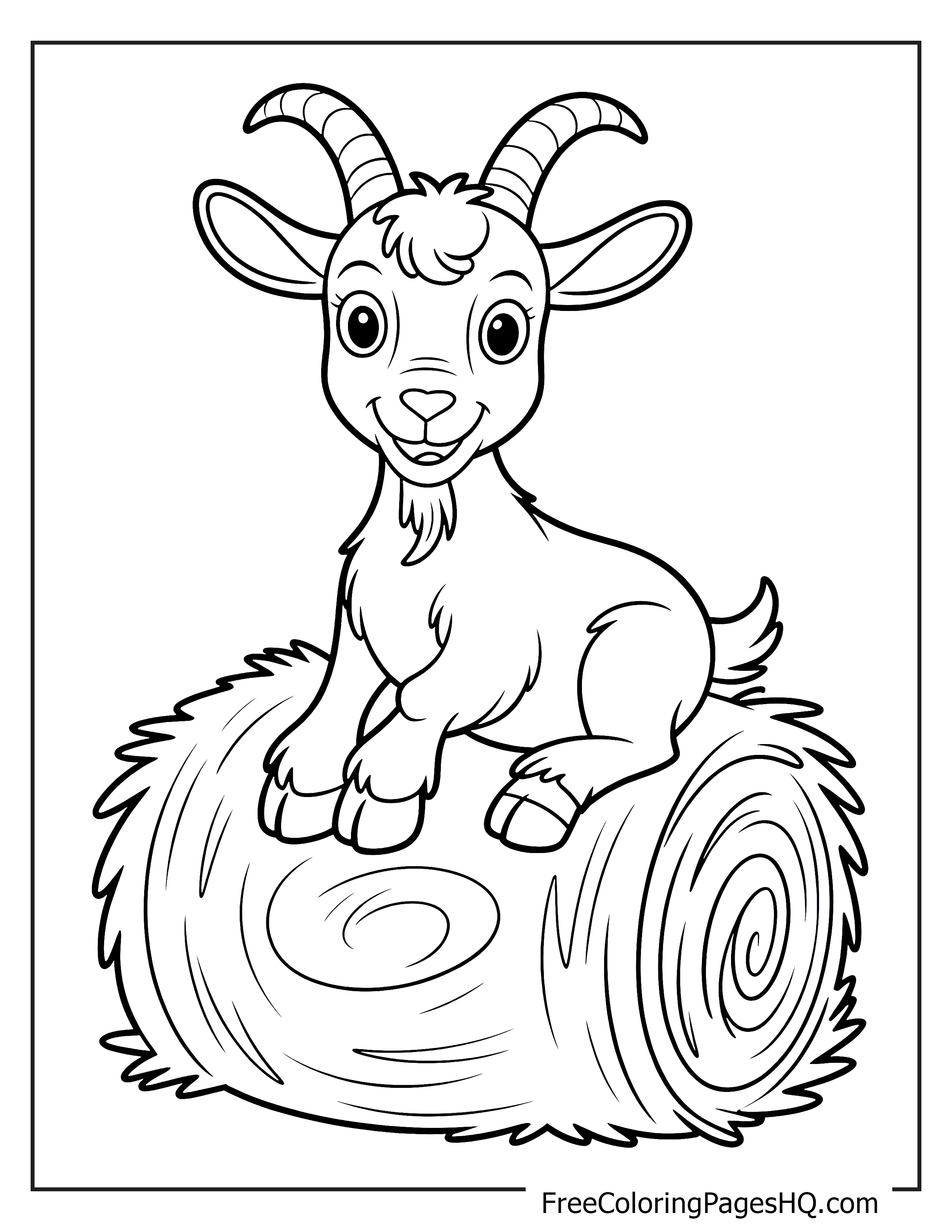 A friendly goat sitting on a hay bale, looking cheerful.