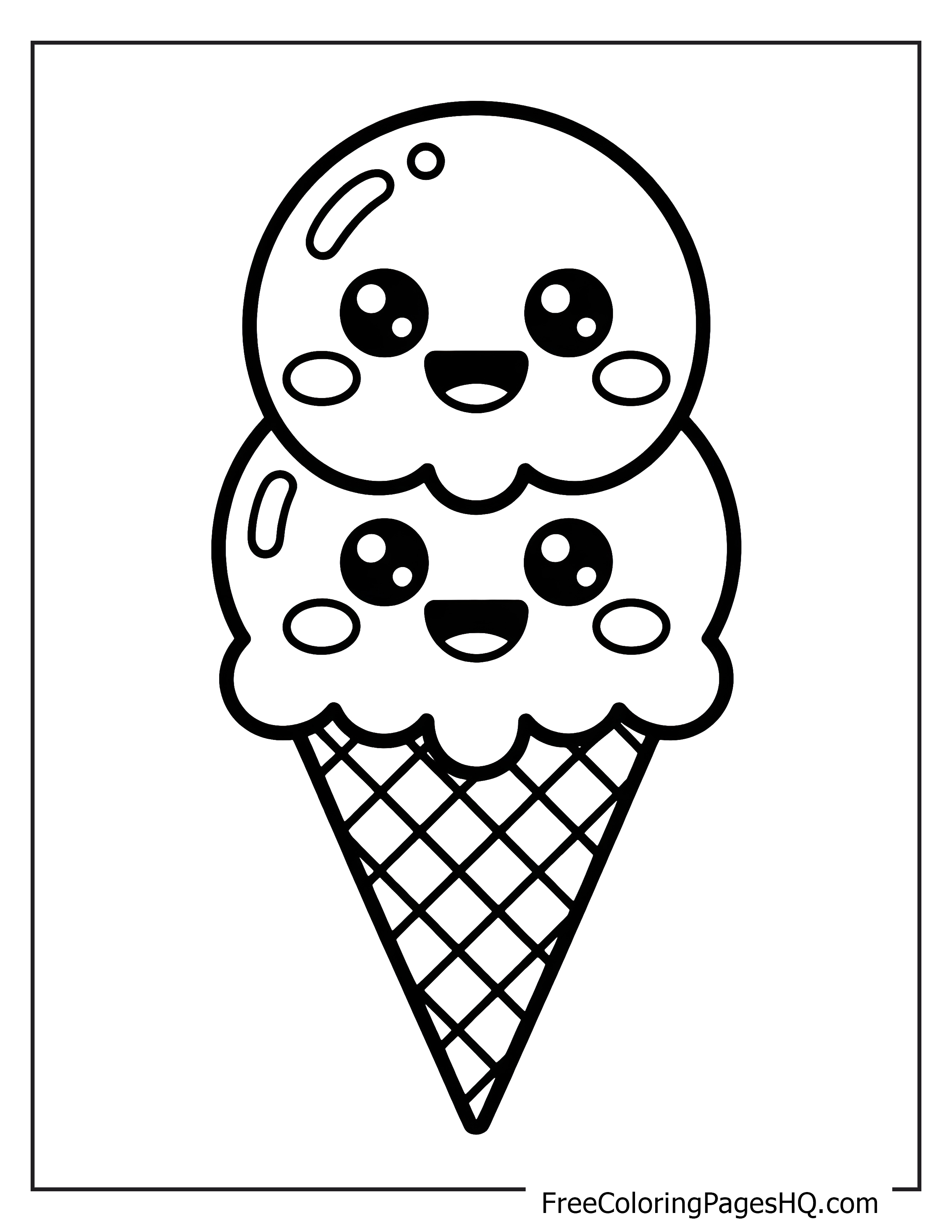Kawaii ice cream cone with smiling faces.