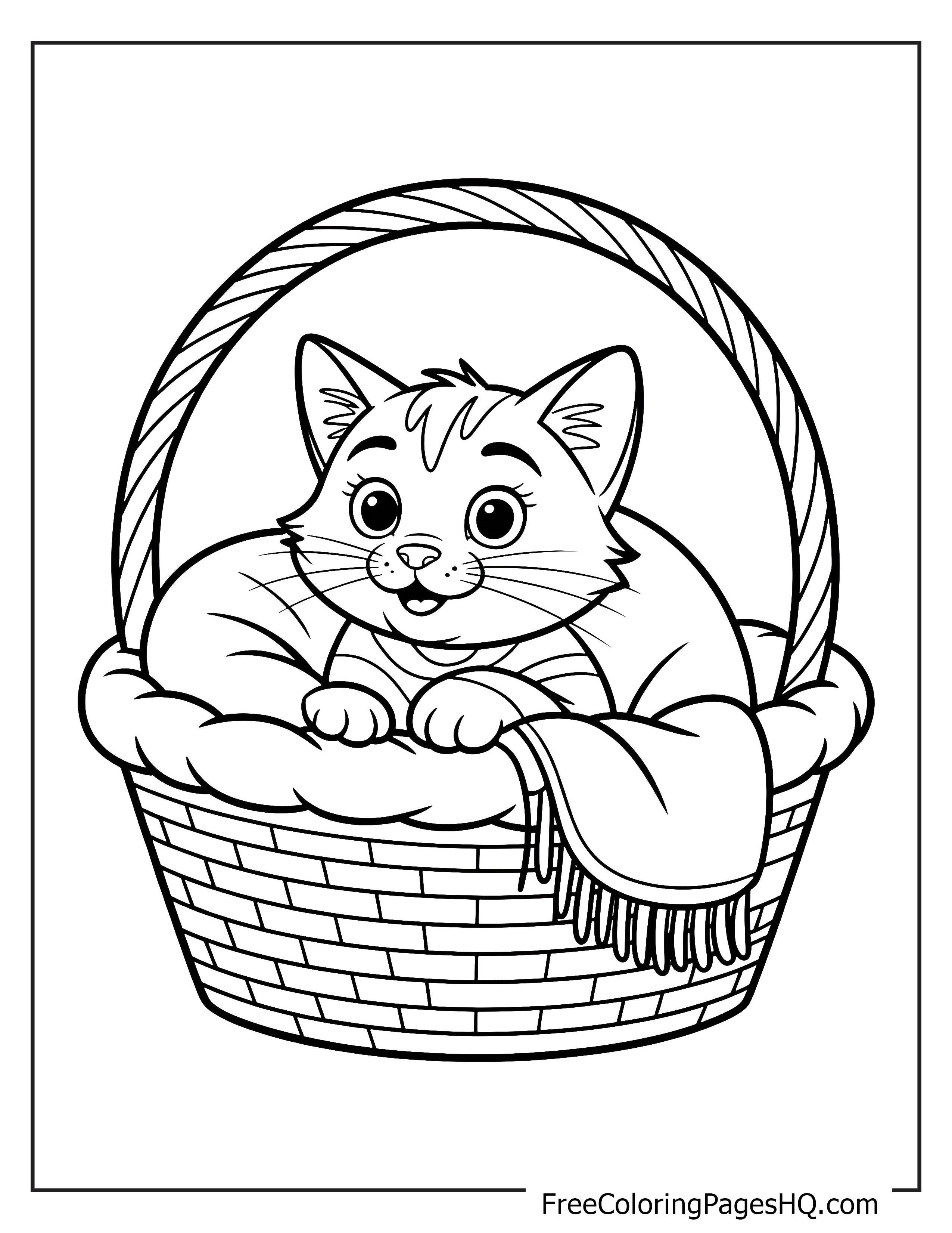 Adorable kitten resting in a basket illustration.