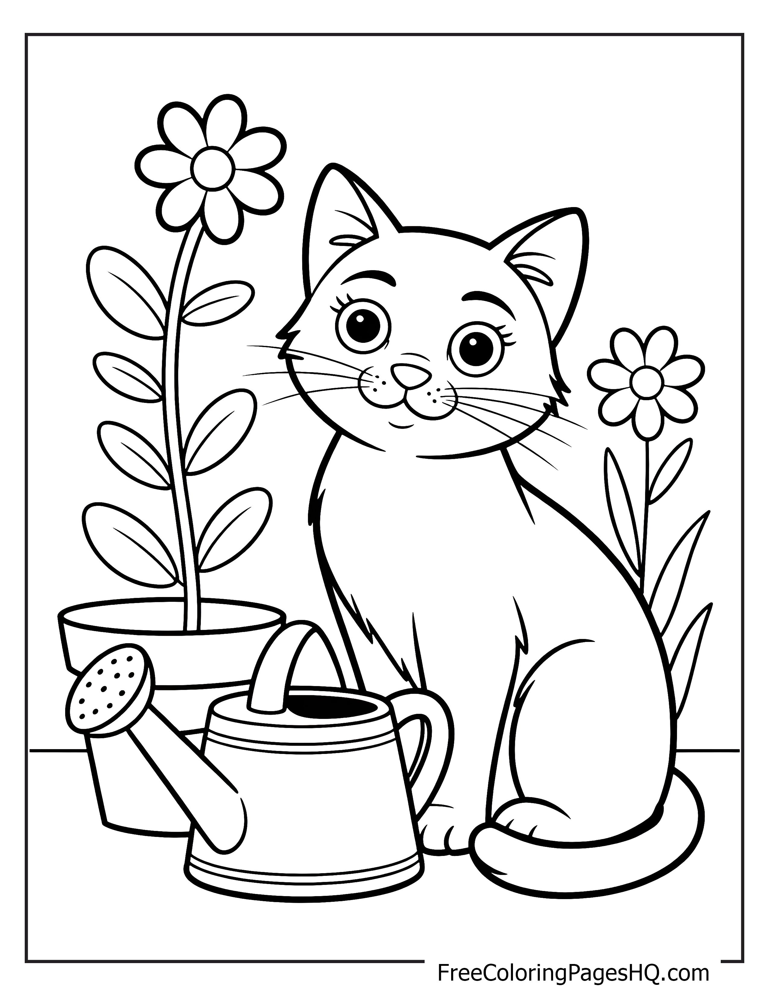 Smiling kitten with flowers and a watering can.