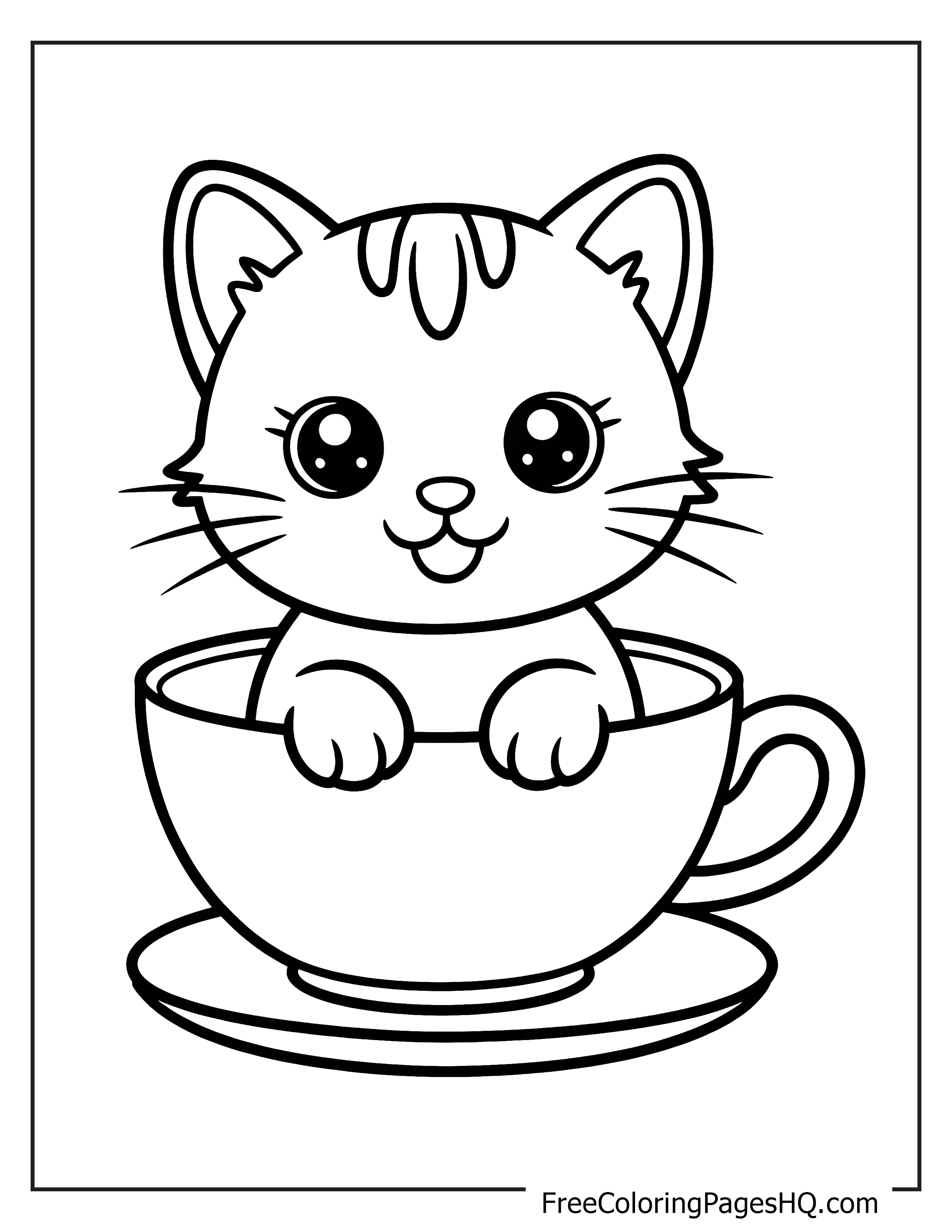 Illustration of a kitten peeking out of a teacup.