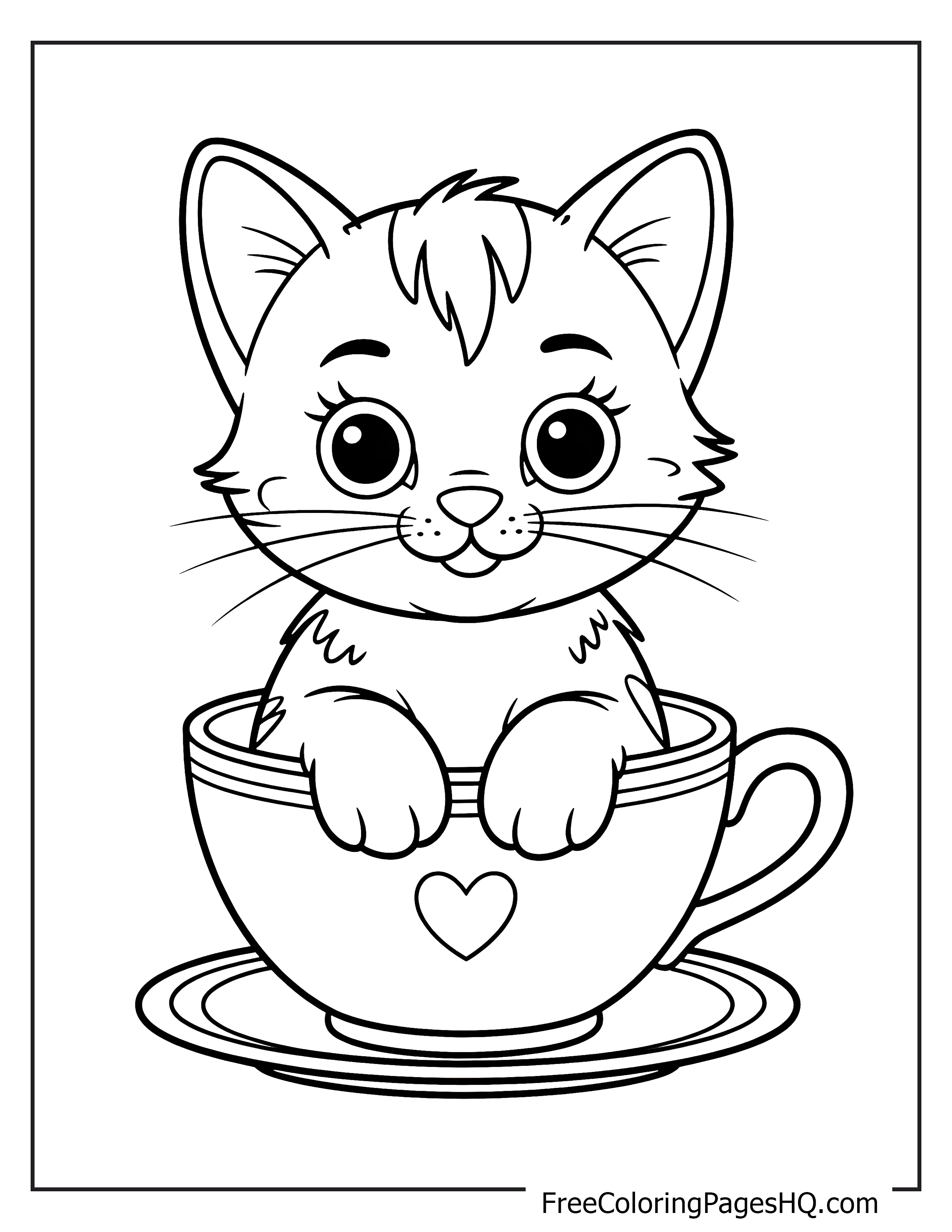 Illustration of a sweet kitten peeking out from a teacup.