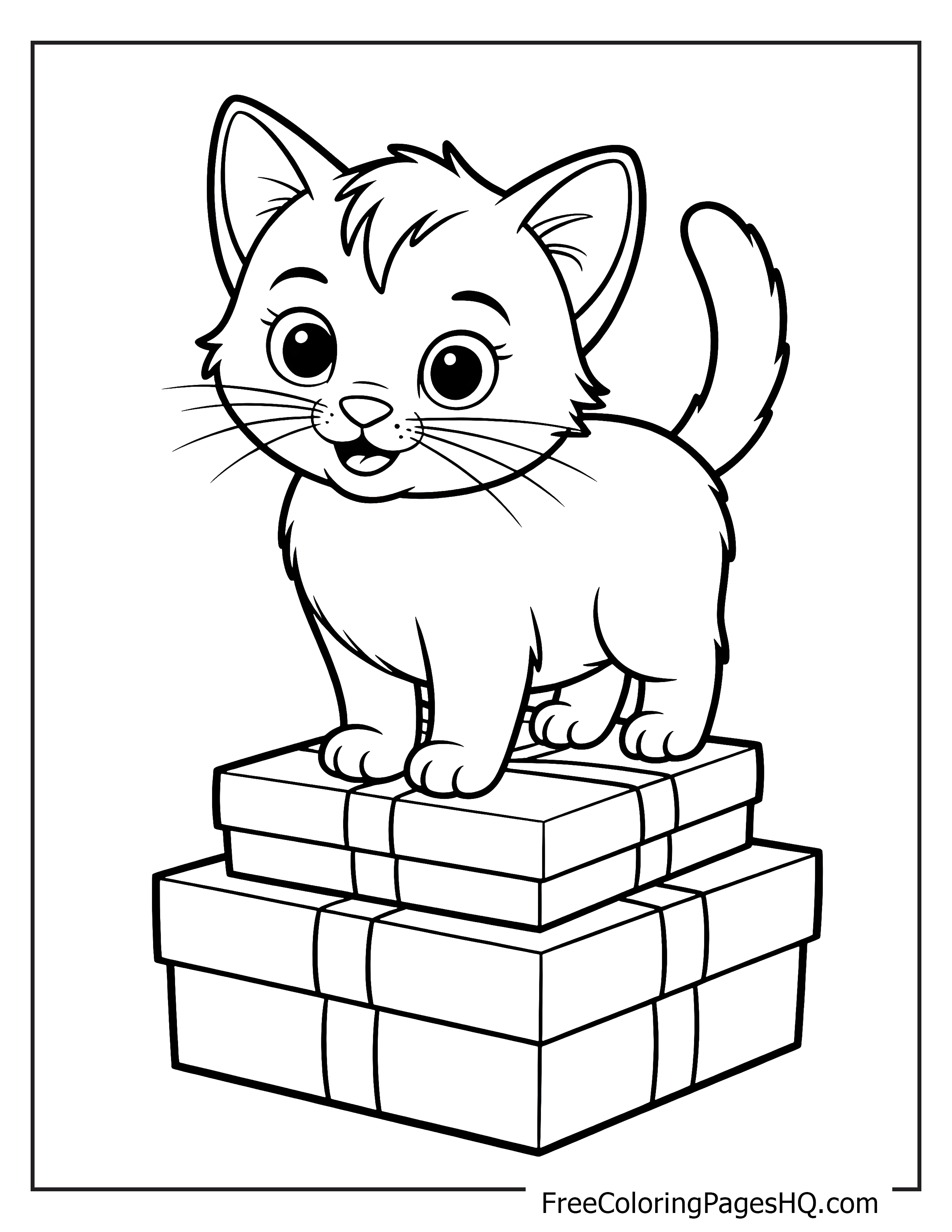 Adorable kitten perched on gift boxes illustration.