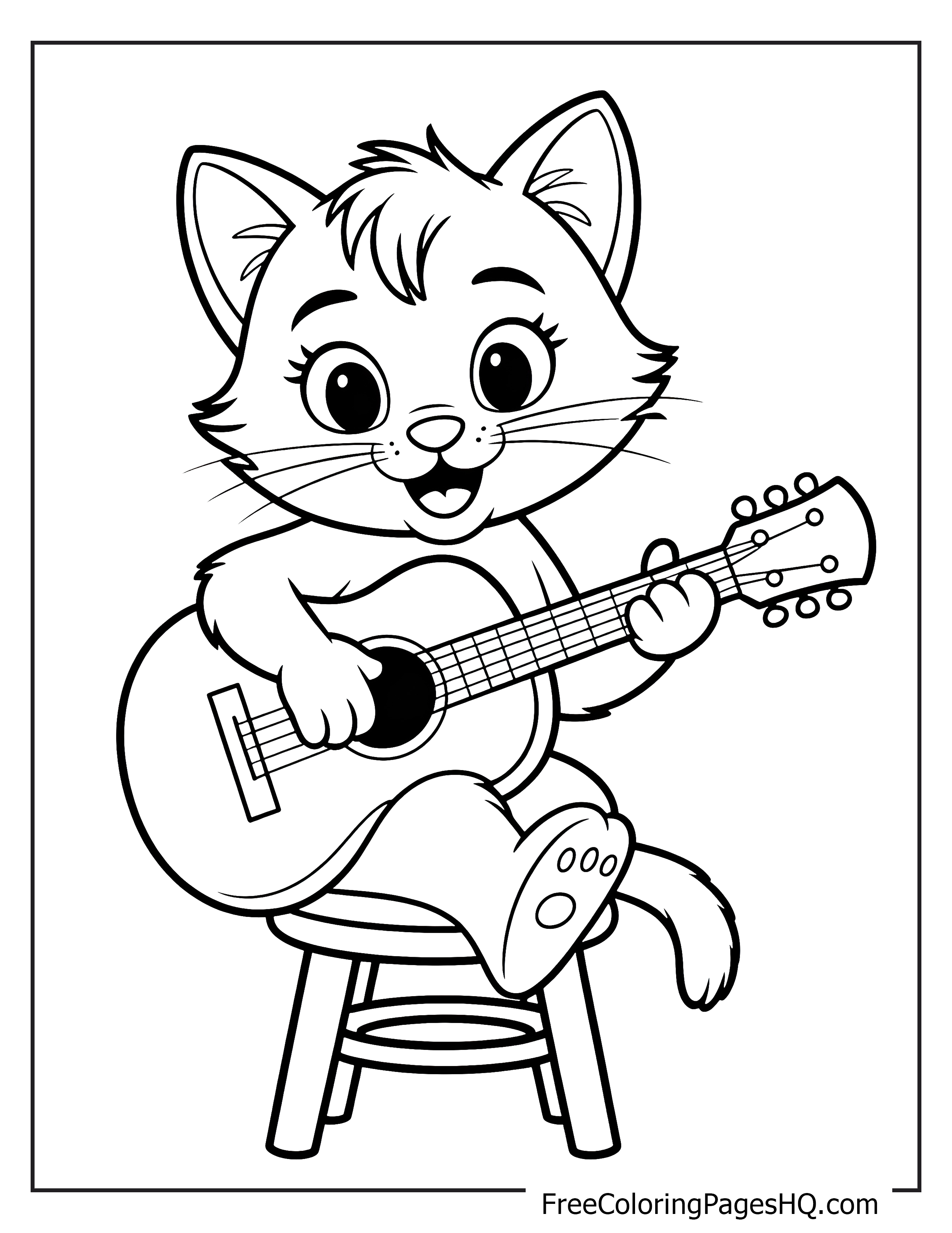 Kitten playing guitar illustration with a happy expression.