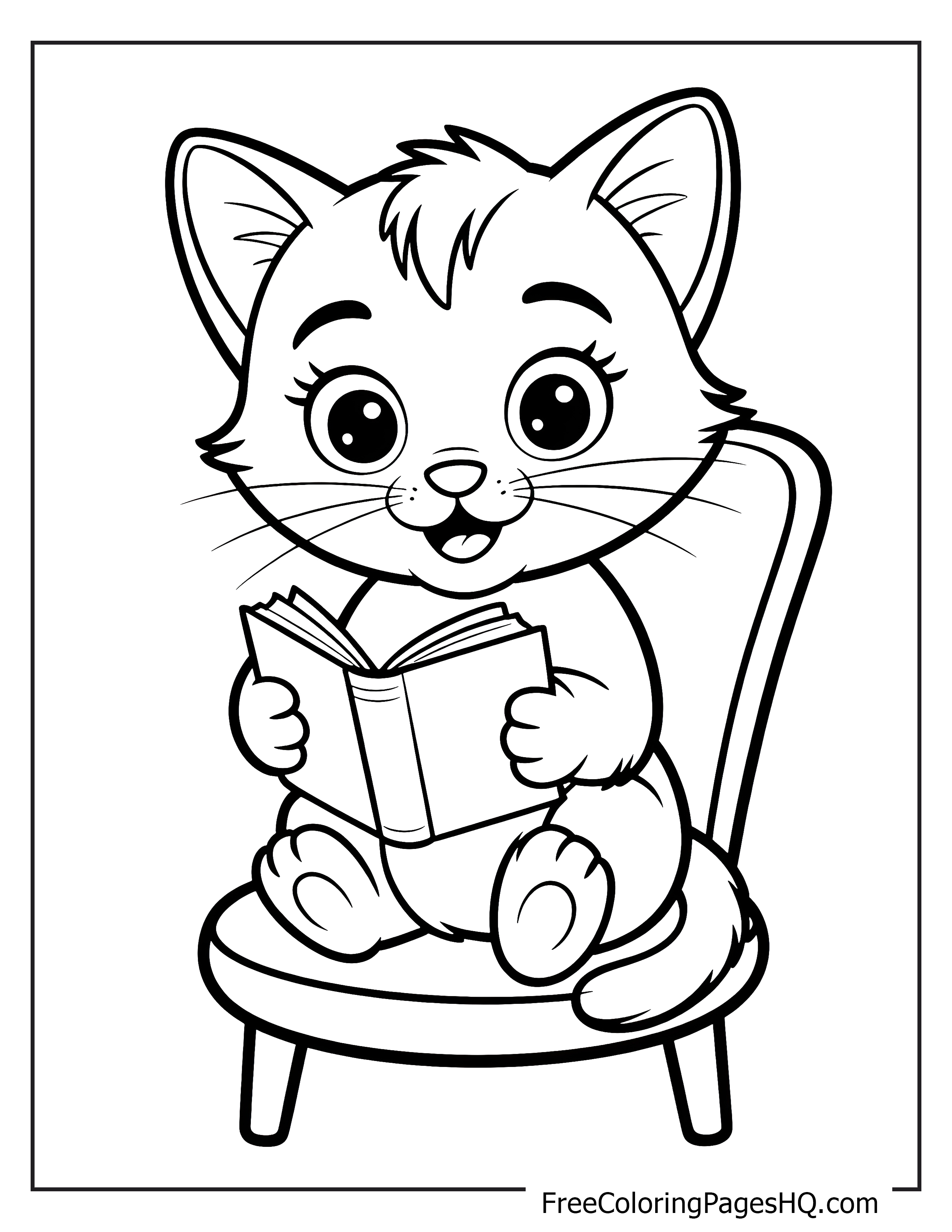 Kitten sitting on a chair reading a book.