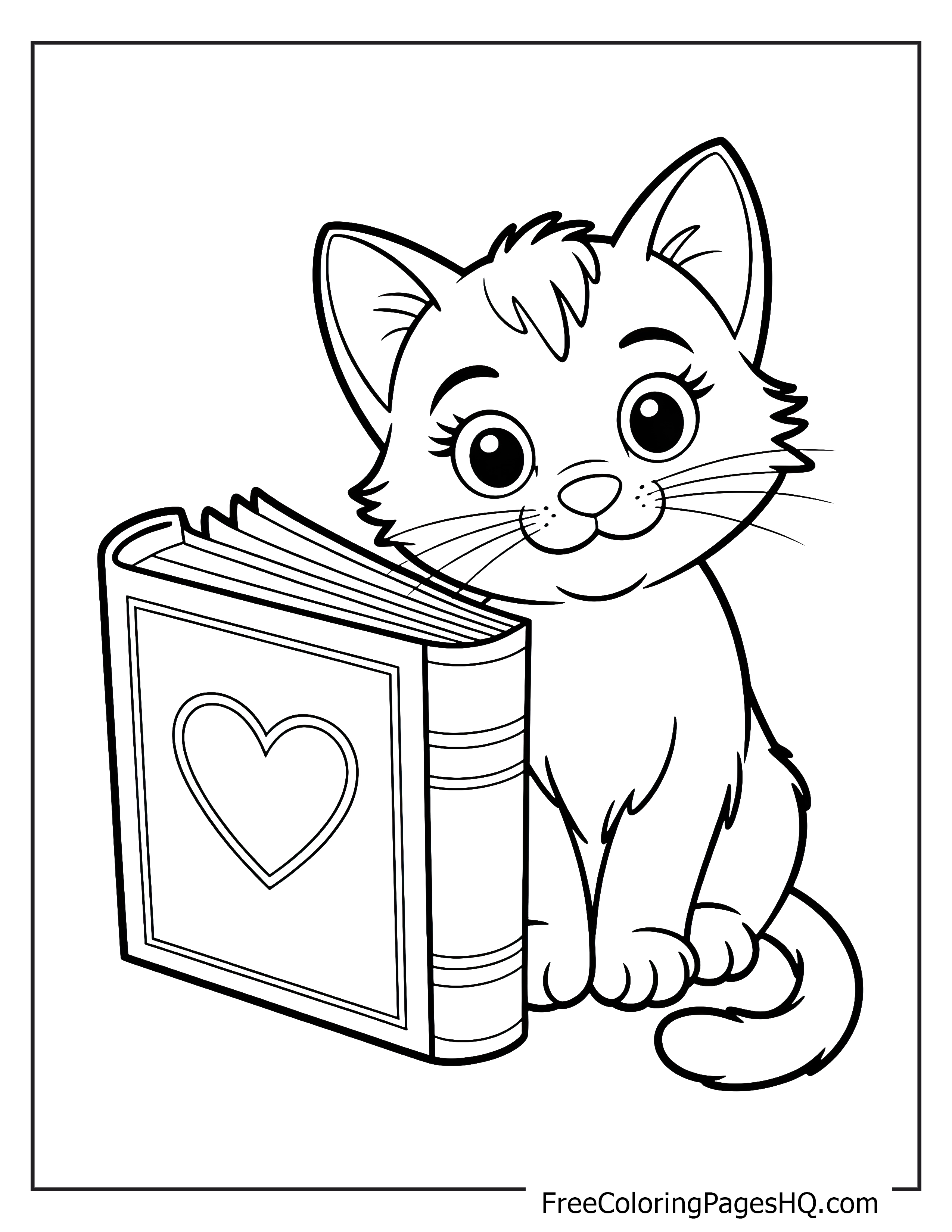Adorable kitten sitting next to a heart-covered book.