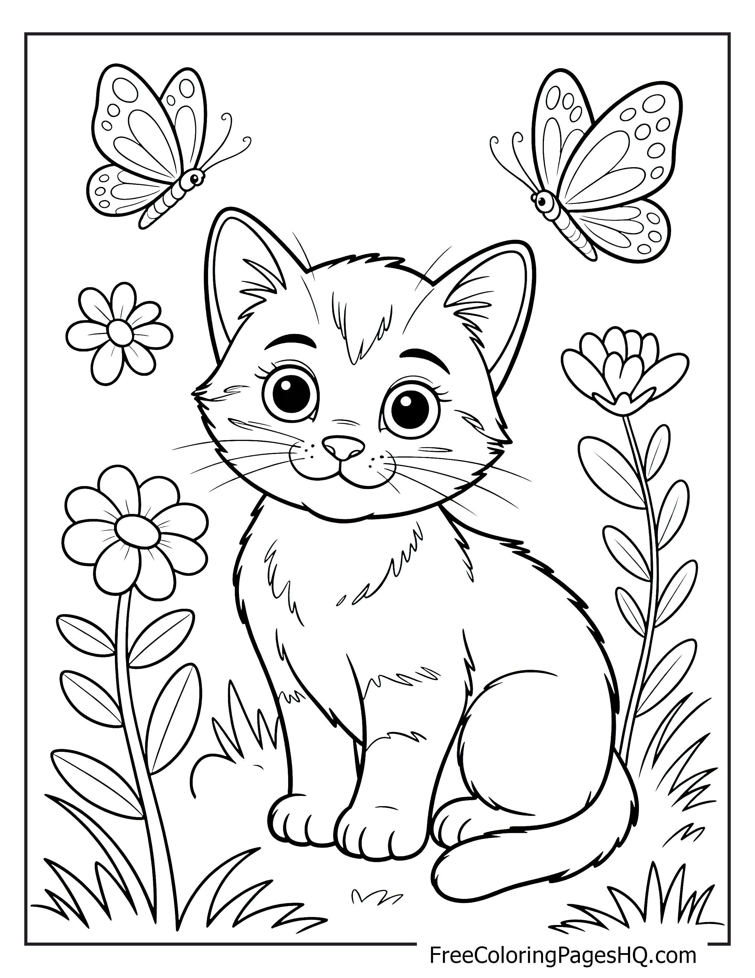 Kitten in a garden with butterflies and flowers.