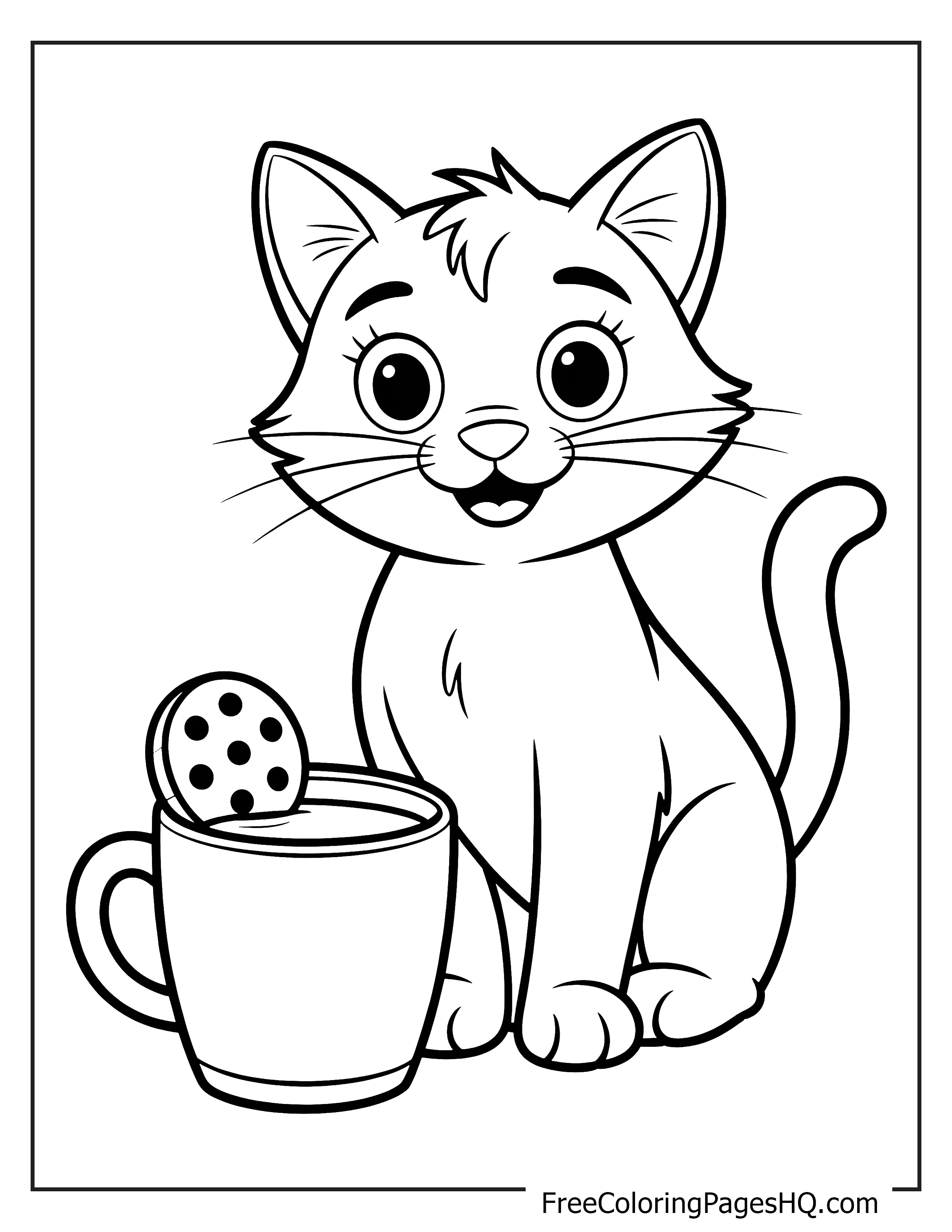 Adorable kitten with a cup and cookie illustration.