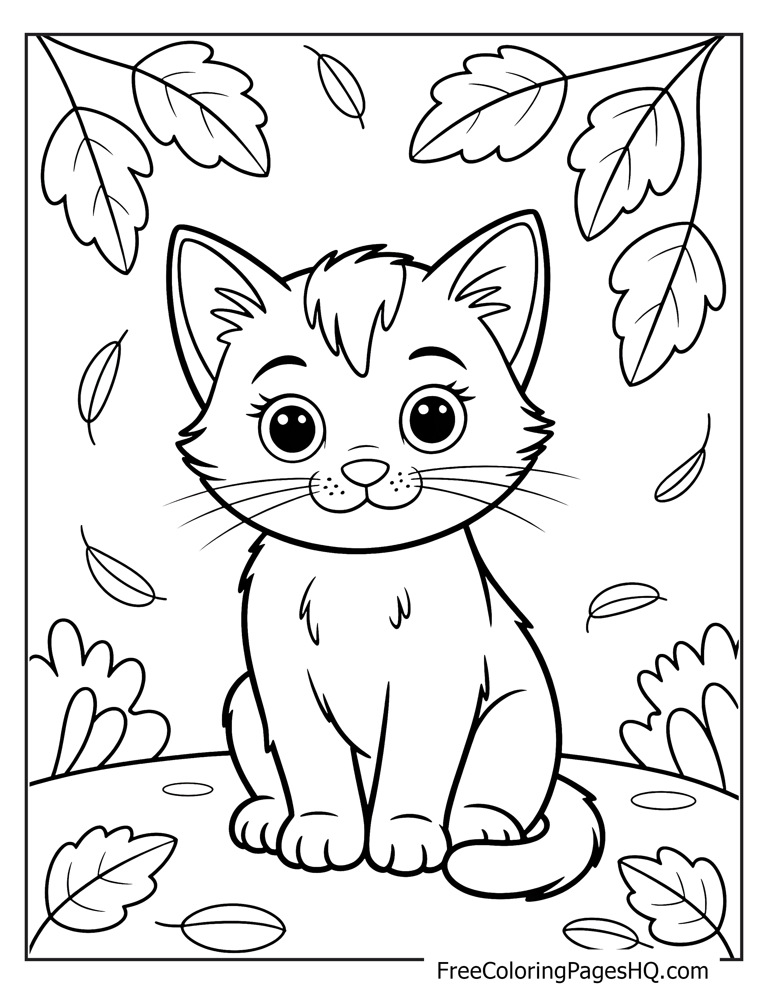 Adorable kitten sitting among falling autumn leaves.