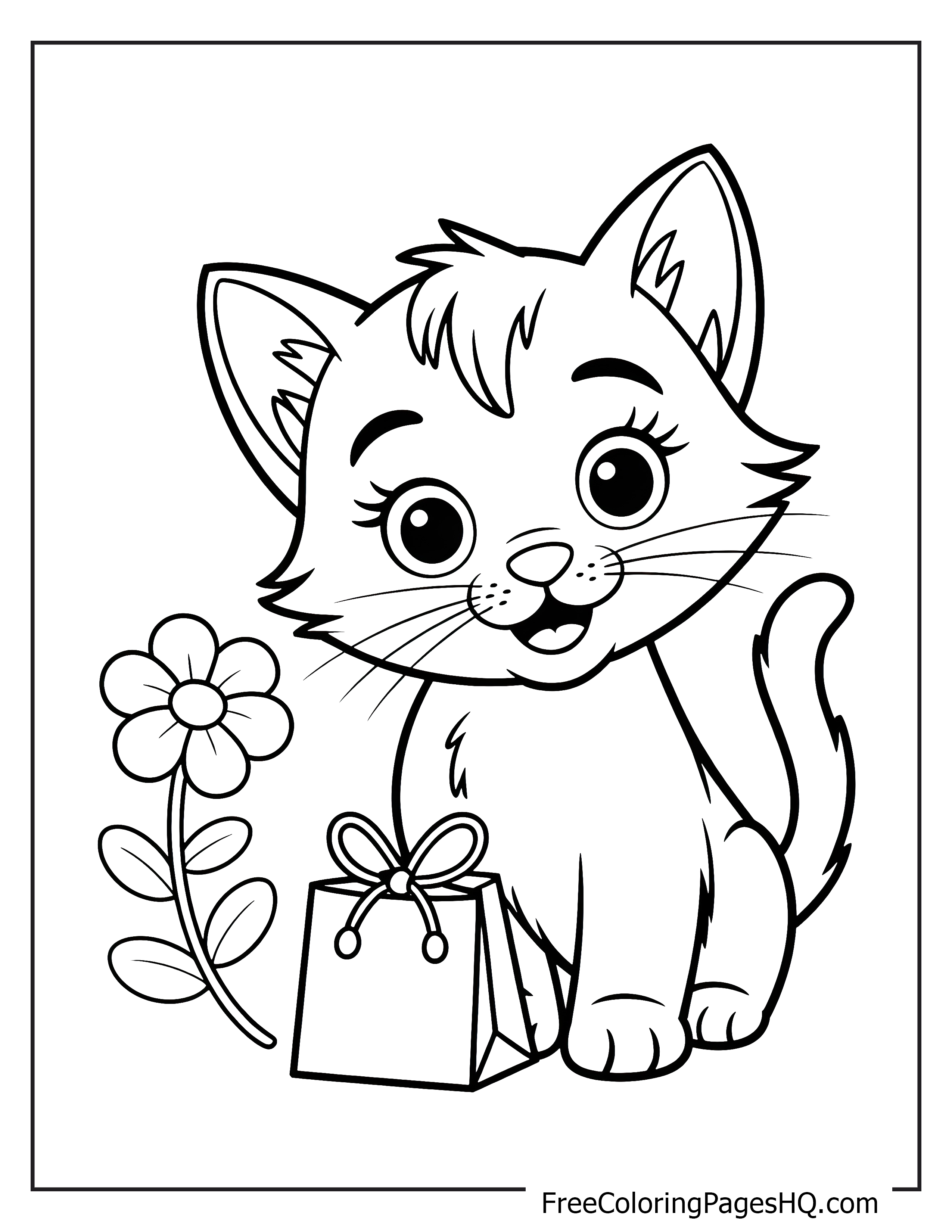 Adorable kitten next to a flower and gift.