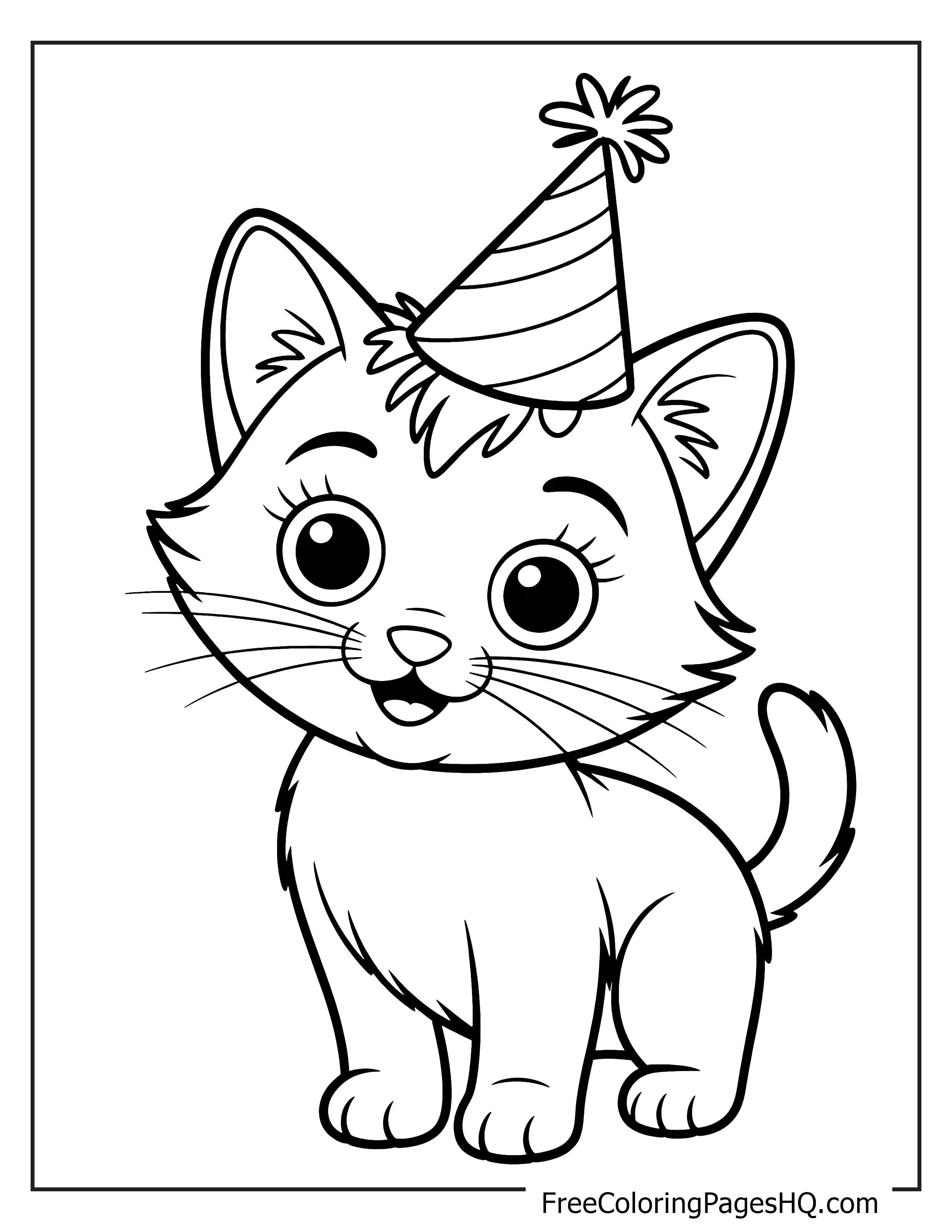 Adorable kitten with a party hat and big eyes.