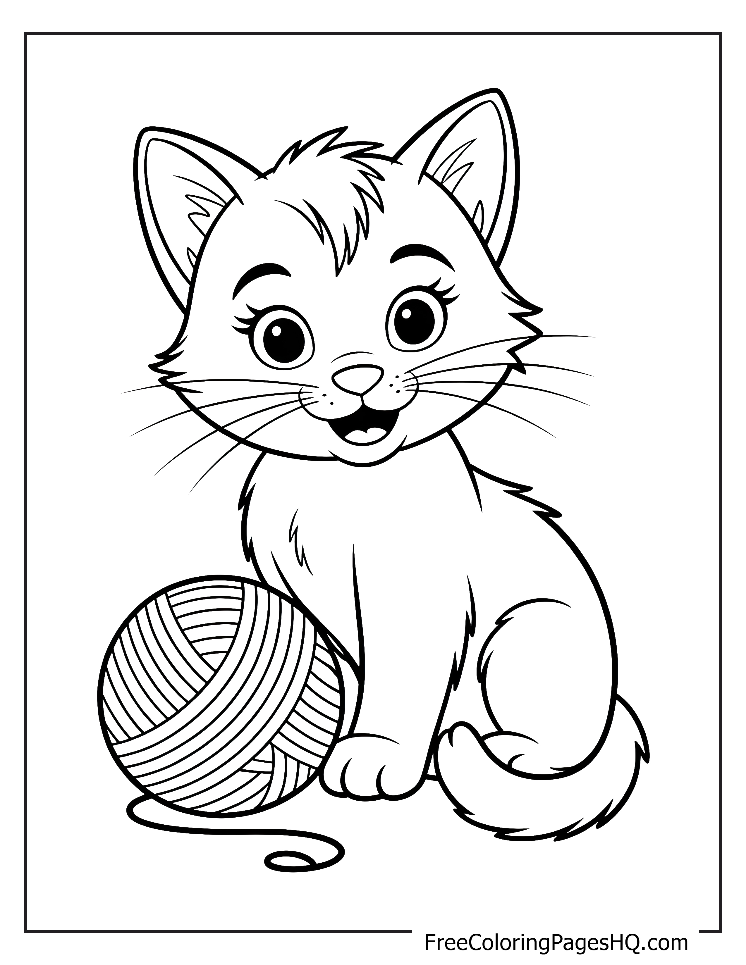 A smiling kitten next to a yarn ball ready for fun.