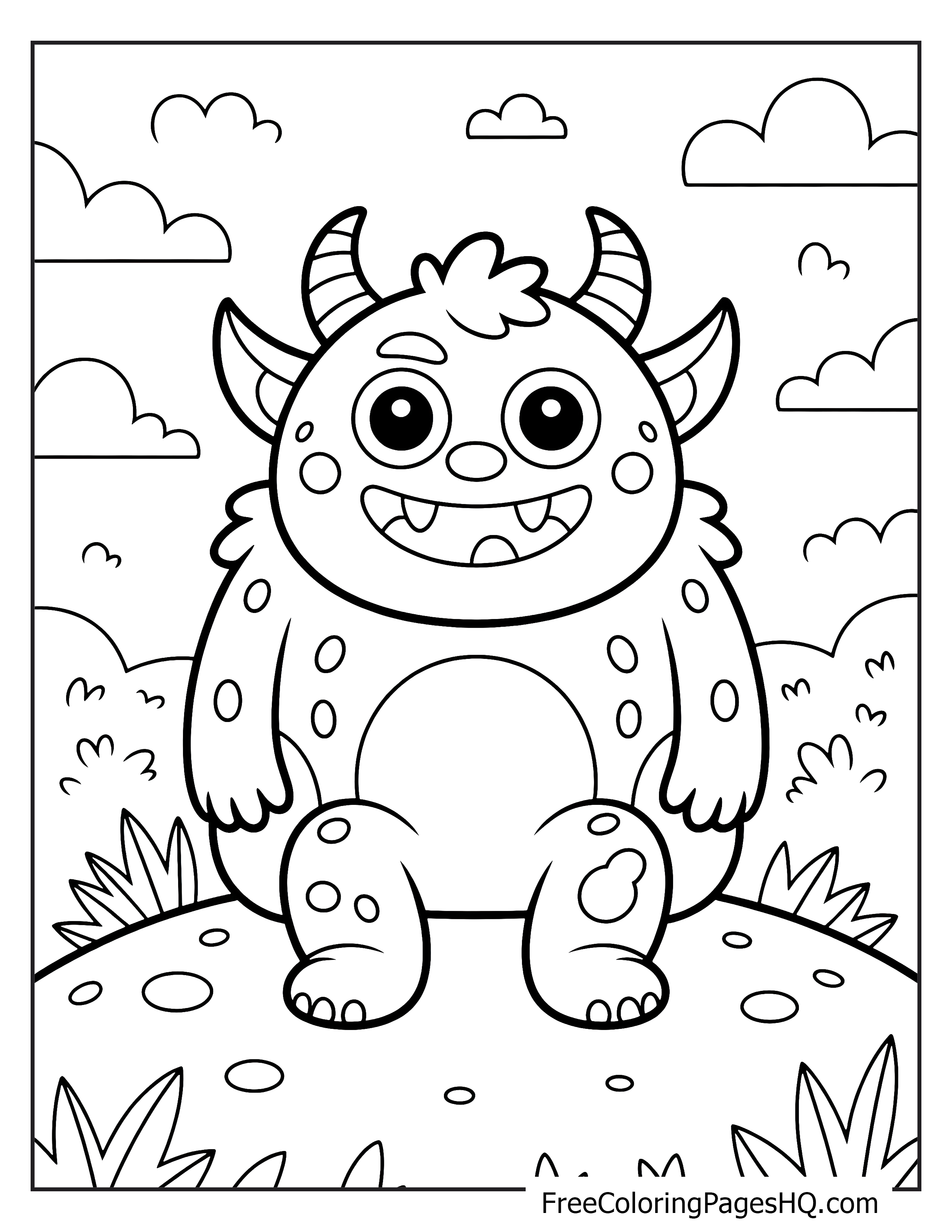 A cute monster with horns sitting on a grassy hill under a cloudy sky.